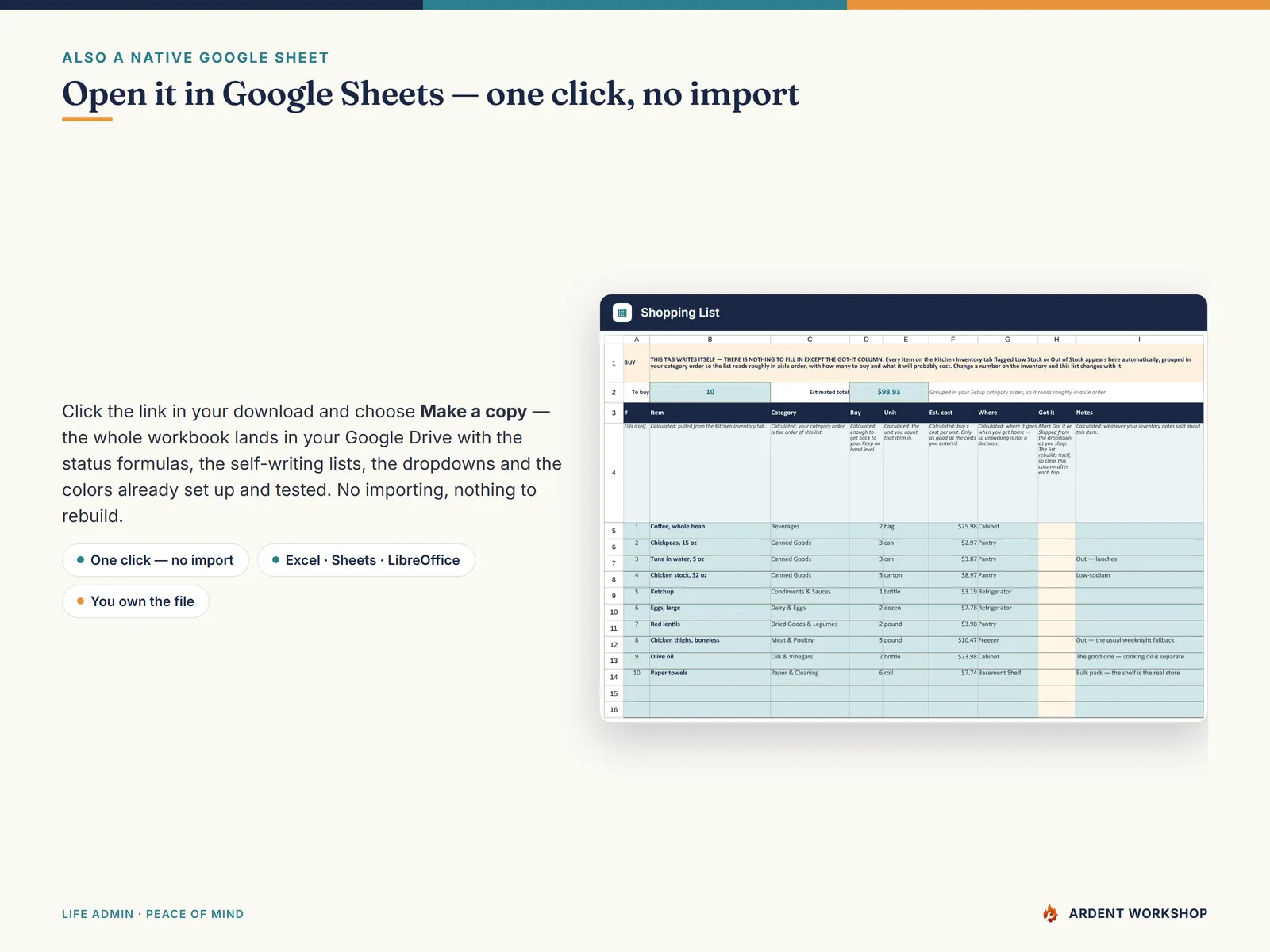 Open the pantry inventory workbook in Google Sheets - one click, no import