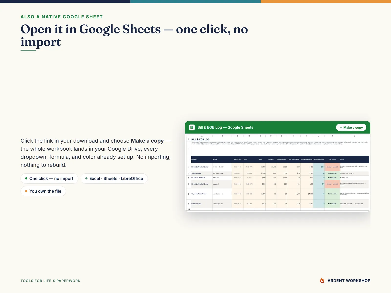 Also a native Google Sheet — open the included link and click Make a copy, no import needed