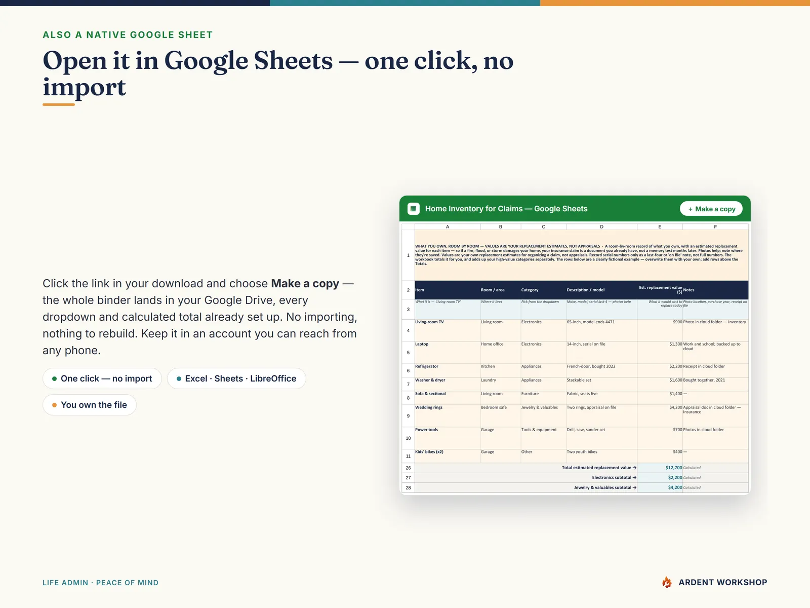 Emergency / Evacuation Readiness Binder — also a native Google Sheet, open the included link and click Make a copy, no import needed