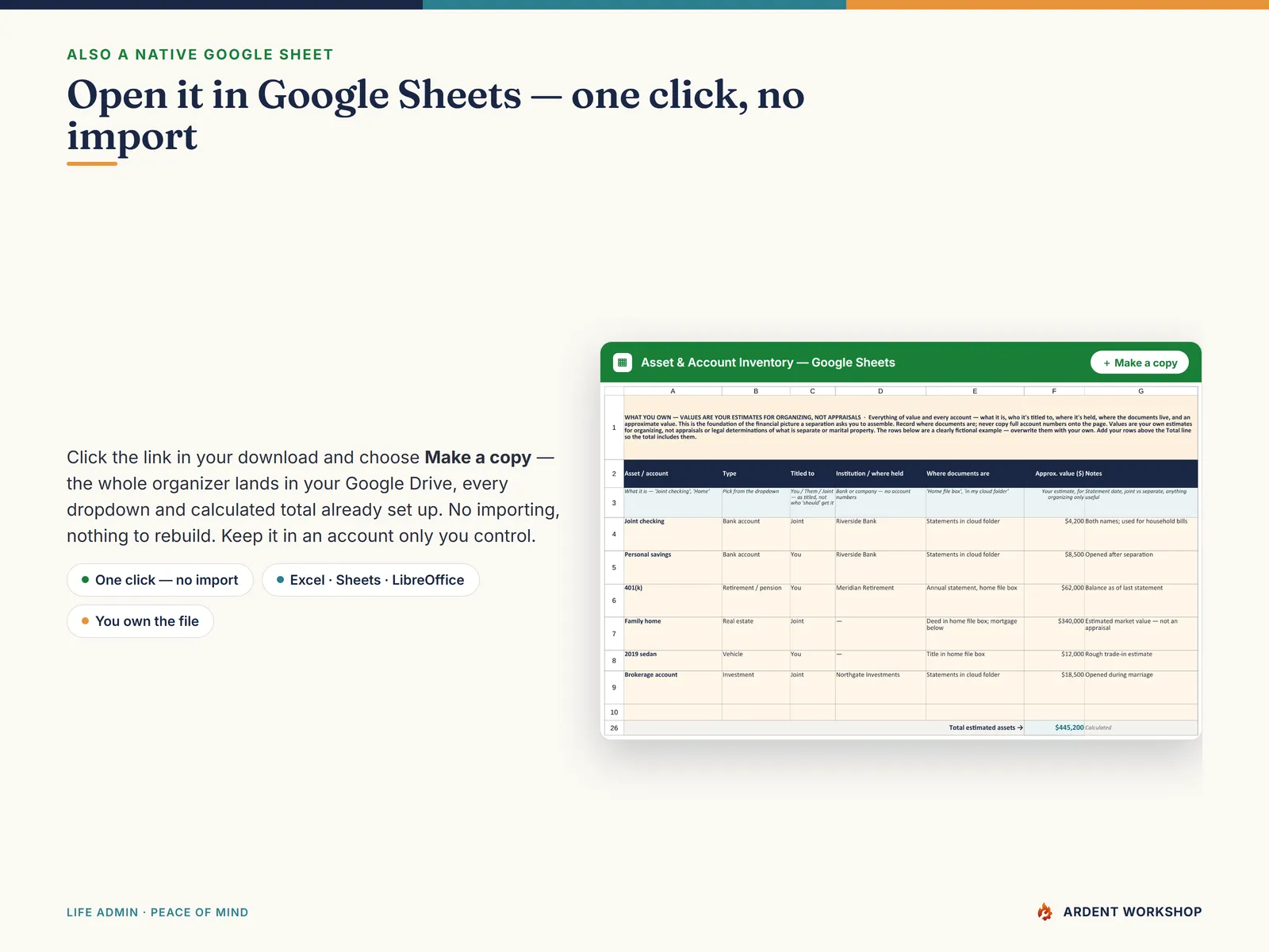Divorce / Separation Records Organizer — also a native Google Sheet, open the included link and click Make a copy, no import needed