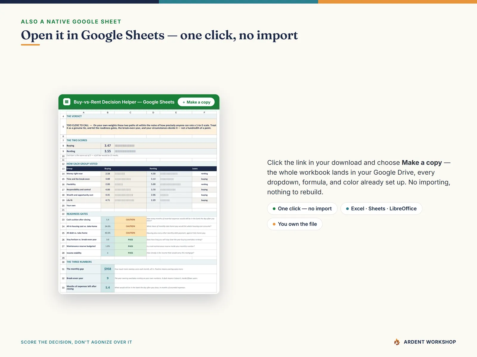 The buy-vs-rent workbook open in Google Sheets with a one-click Make a copy button, no import needed