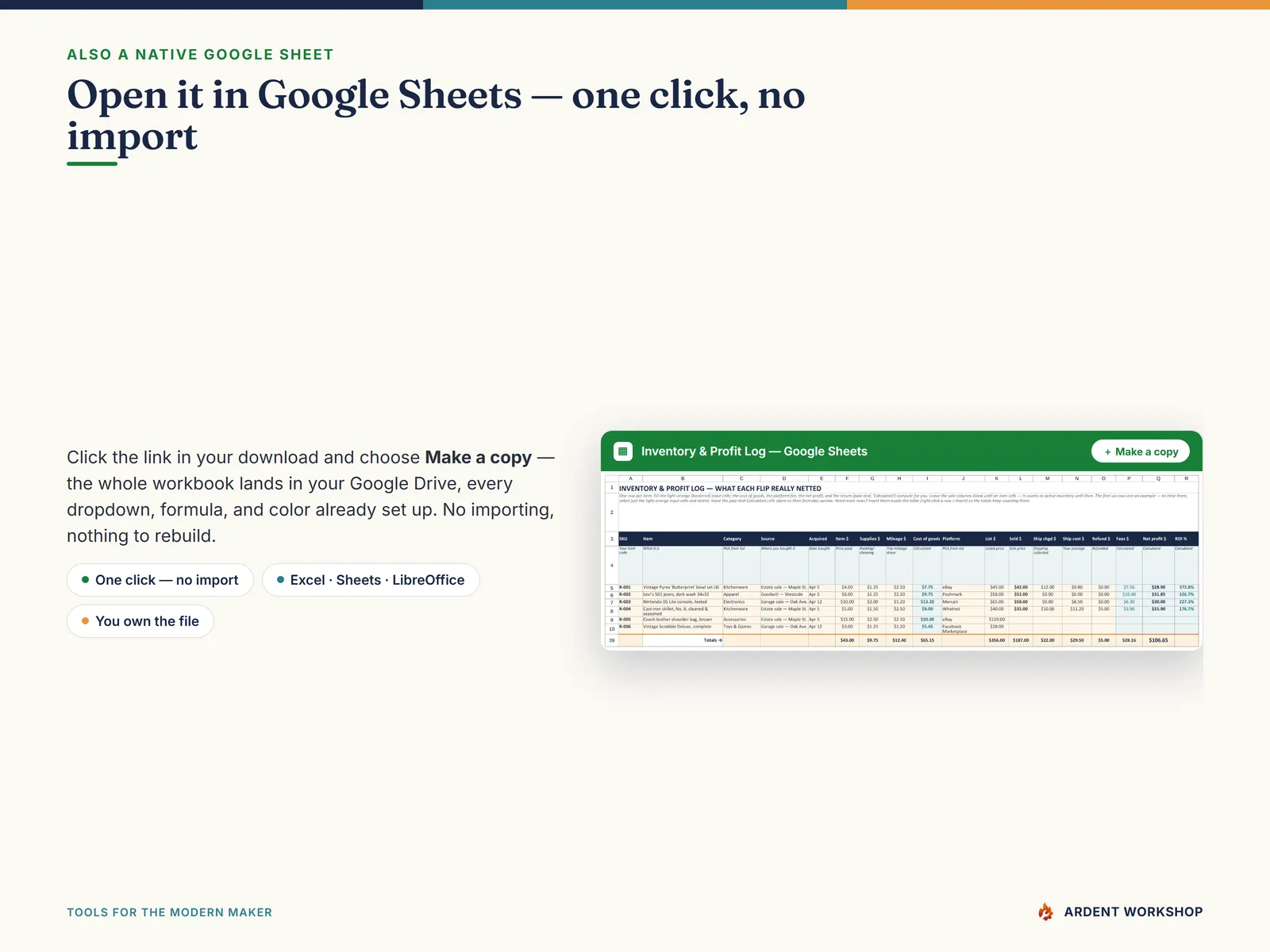 Reseller Inventory & Profit Workbook — also a native Google Sheet; open the included link and click Make a copy, no import needed