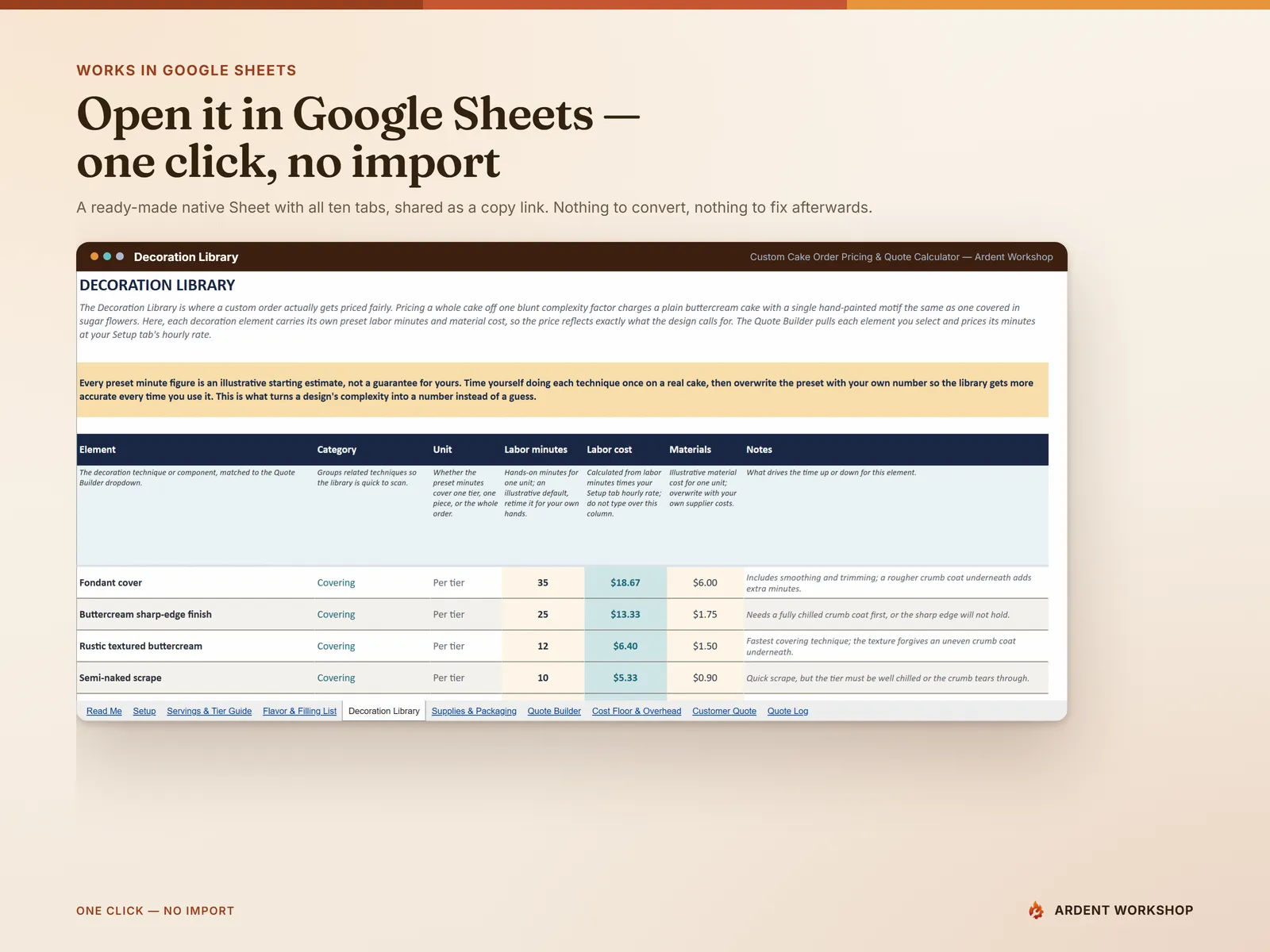 The published Google Sheet — all ten tabs across its tab strip, the Decoration Library in front, opened from the one-click copy link with no import needed