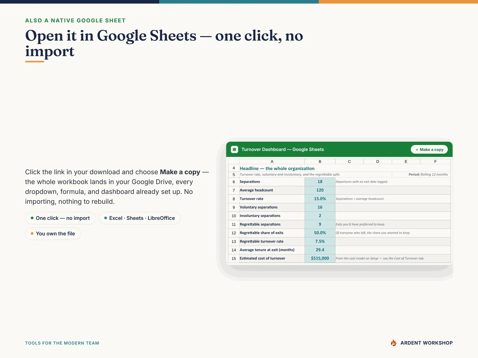 Also a native Google Sheet — open the included link and click Make a copy, no import needed