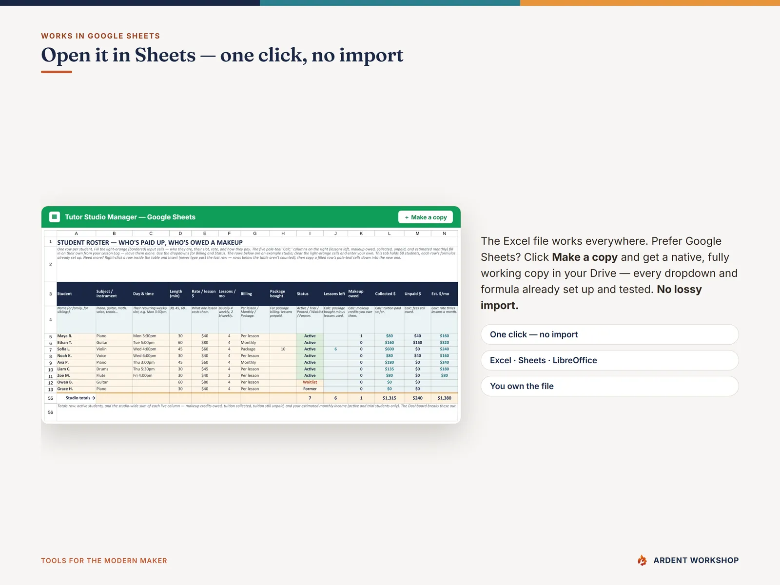 Opening the workbook as a native Google Sheet with one click — no import needed