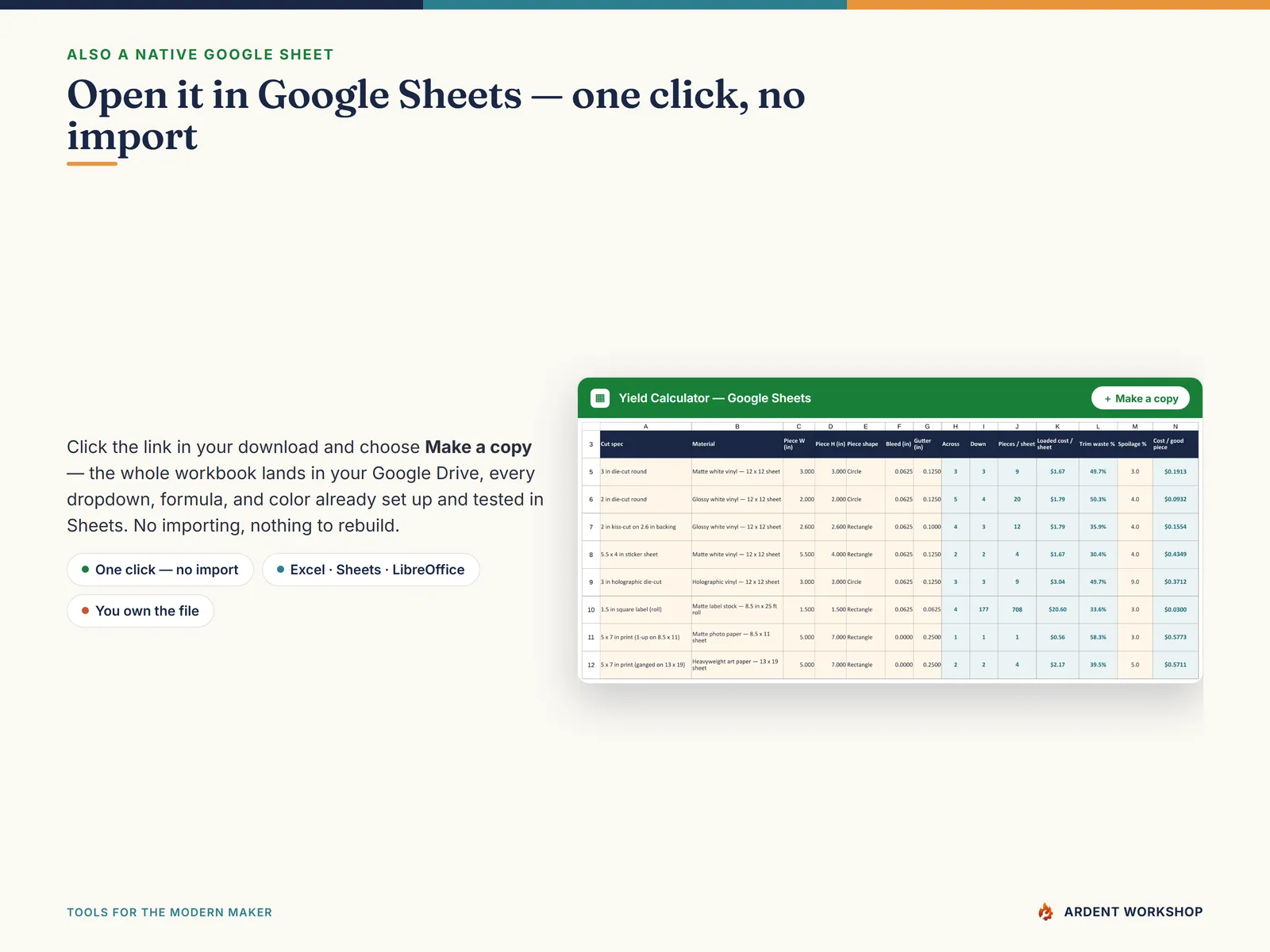 Sticker & Print-Shop Profit & Production Workbook — also a native Google Sheet, open the included link and click Make a copy, no import needed