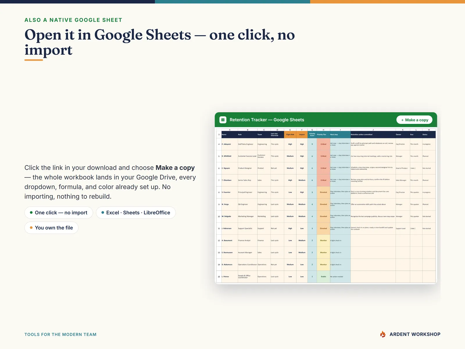 Also a native Google Sheet — open the included link and click Make a copy, no import needed