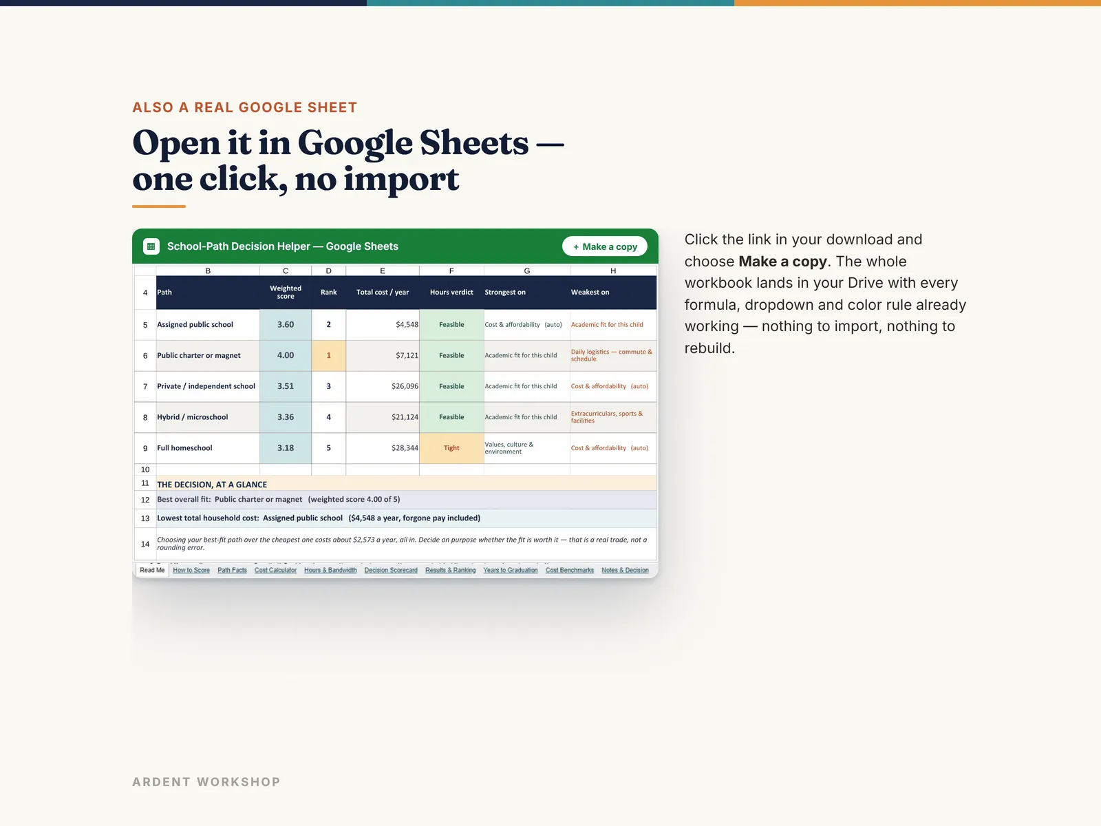 Also a native Google Sheet — open the included link and click Make a copy, no import needed