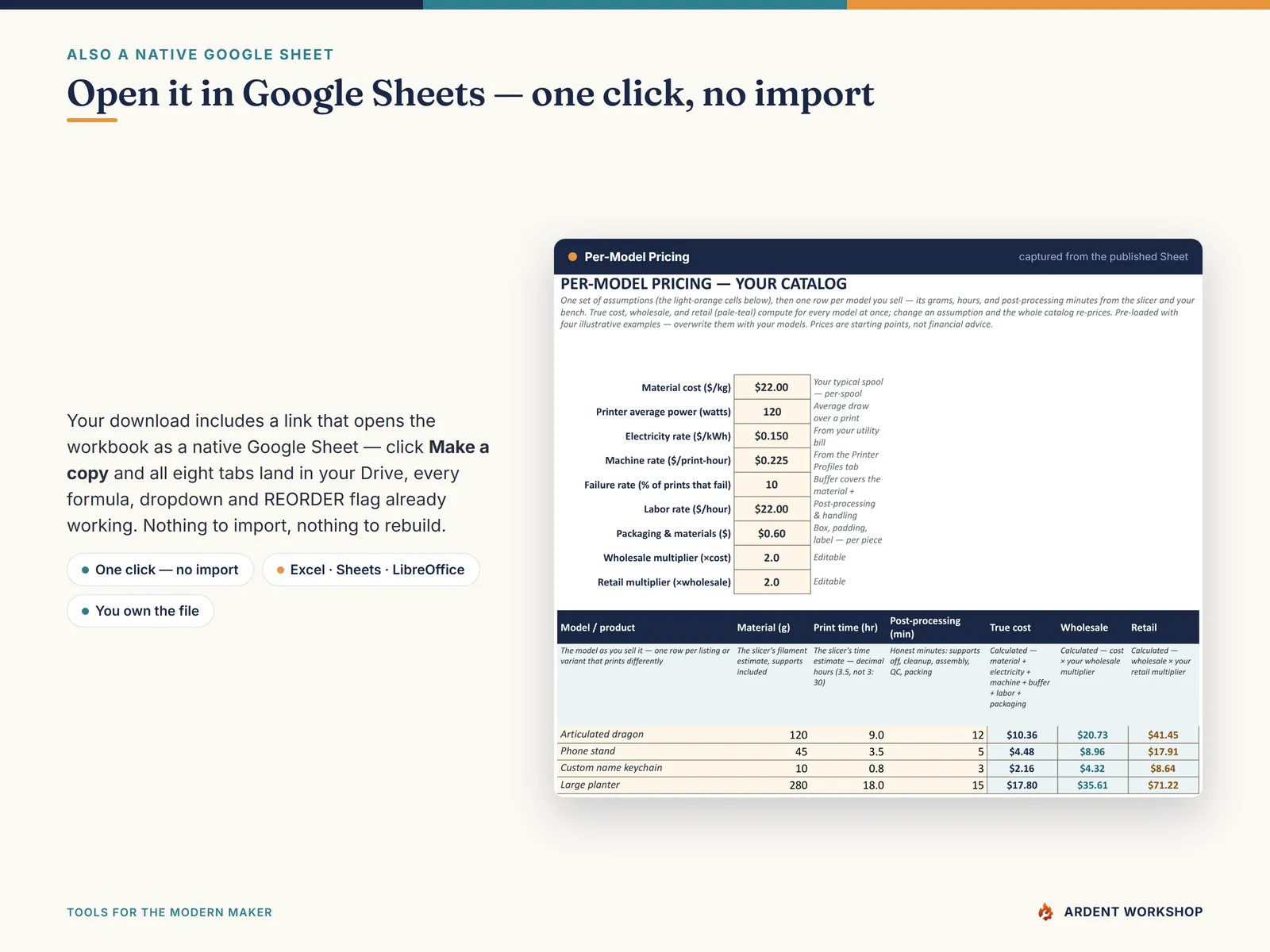 3D-Printing Shop's Filament & Print-Cost Workbook — open it in Google Sheets in one click, no import needed