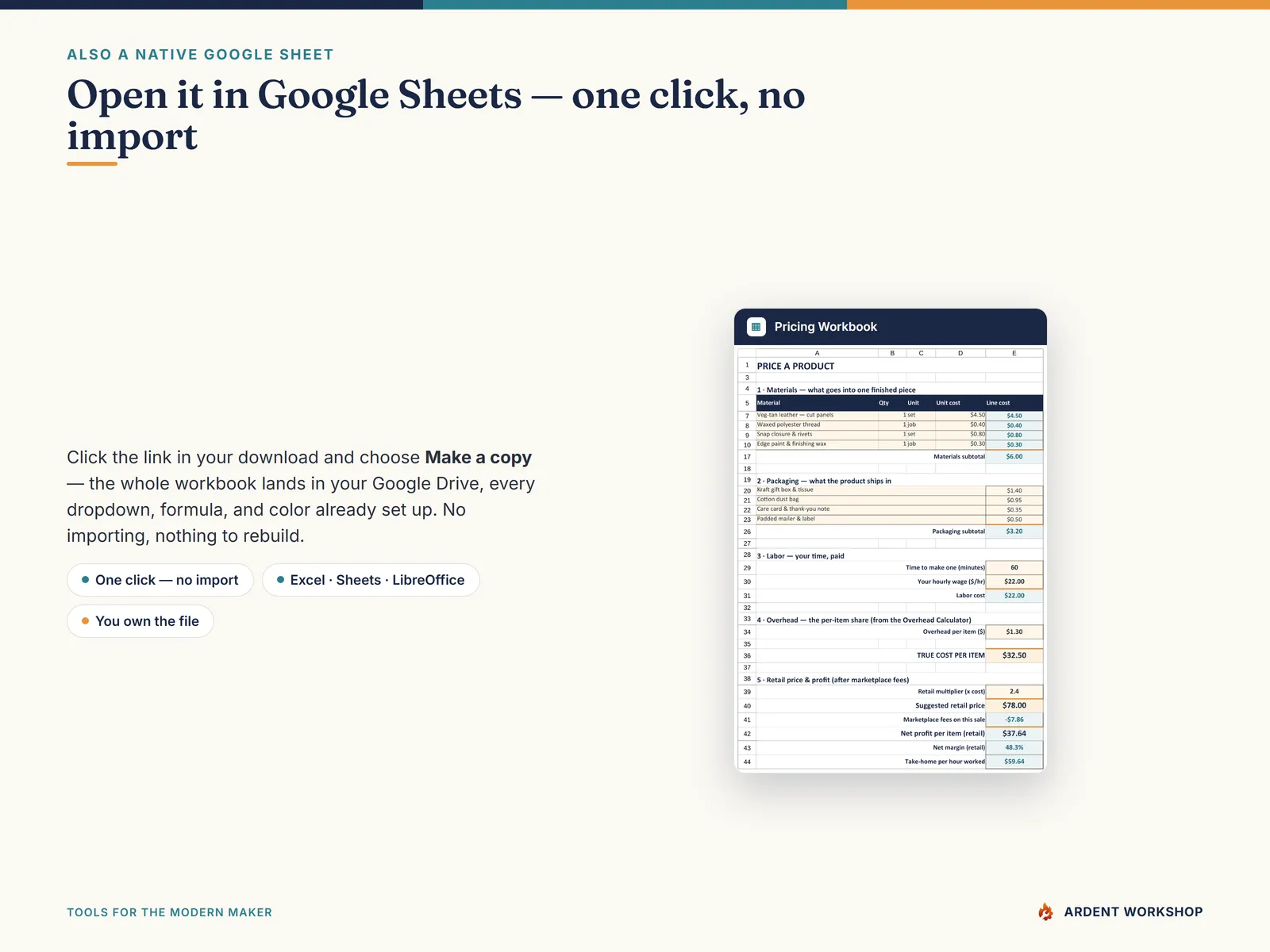Handmade-Seller Pricing & Profit Workbook — also a native Google Sheet, open the included link and click Make a copy, no import needed