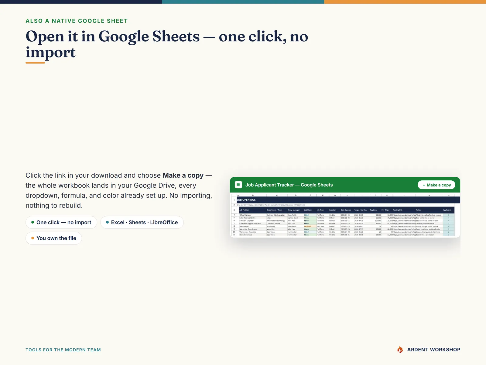 Open the applicant tracker in Google Sheets with one click — no import needed