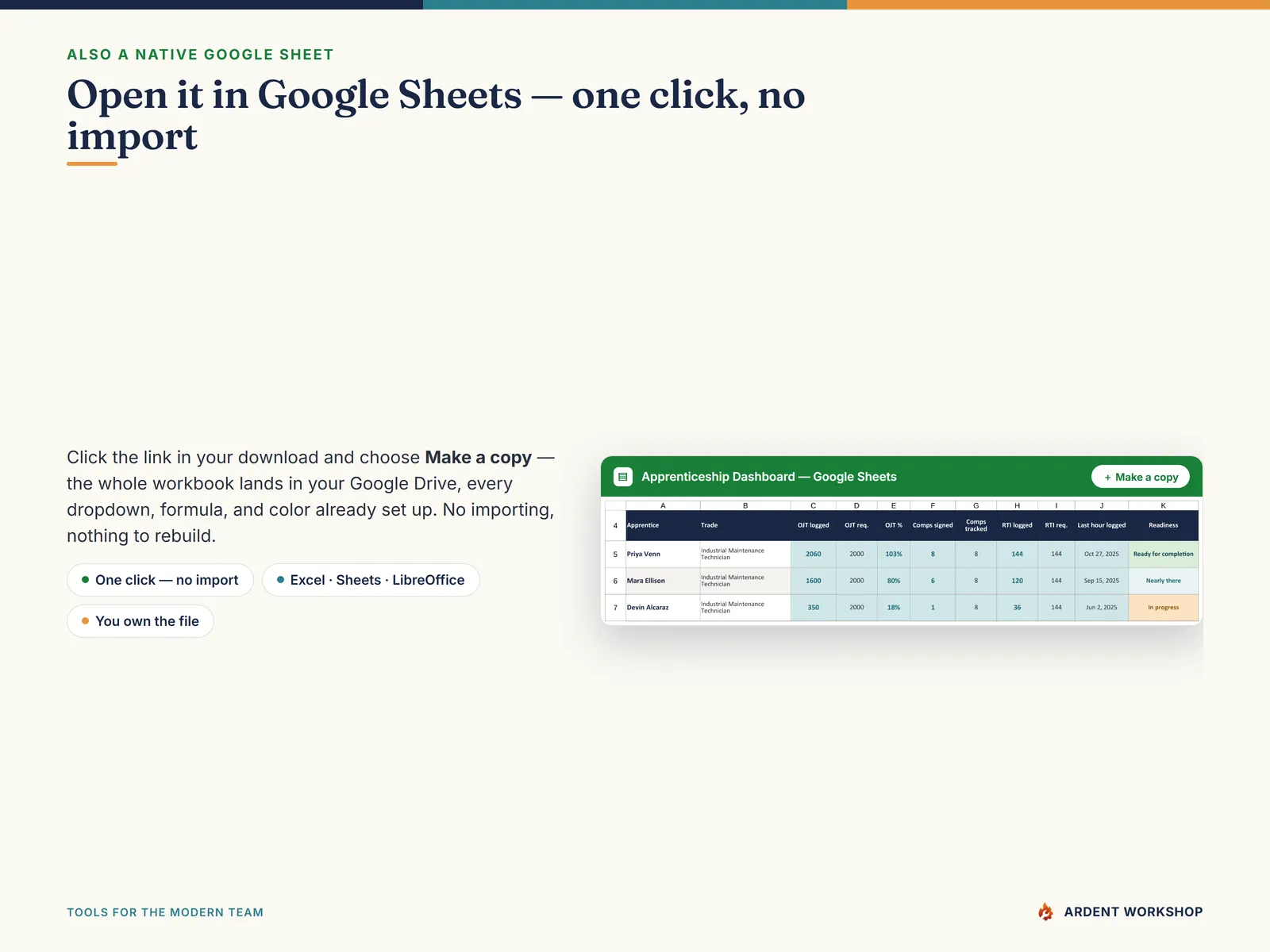 Open the apprenticeship logbook in Google Sheets with one click — Make a copy, no import needed