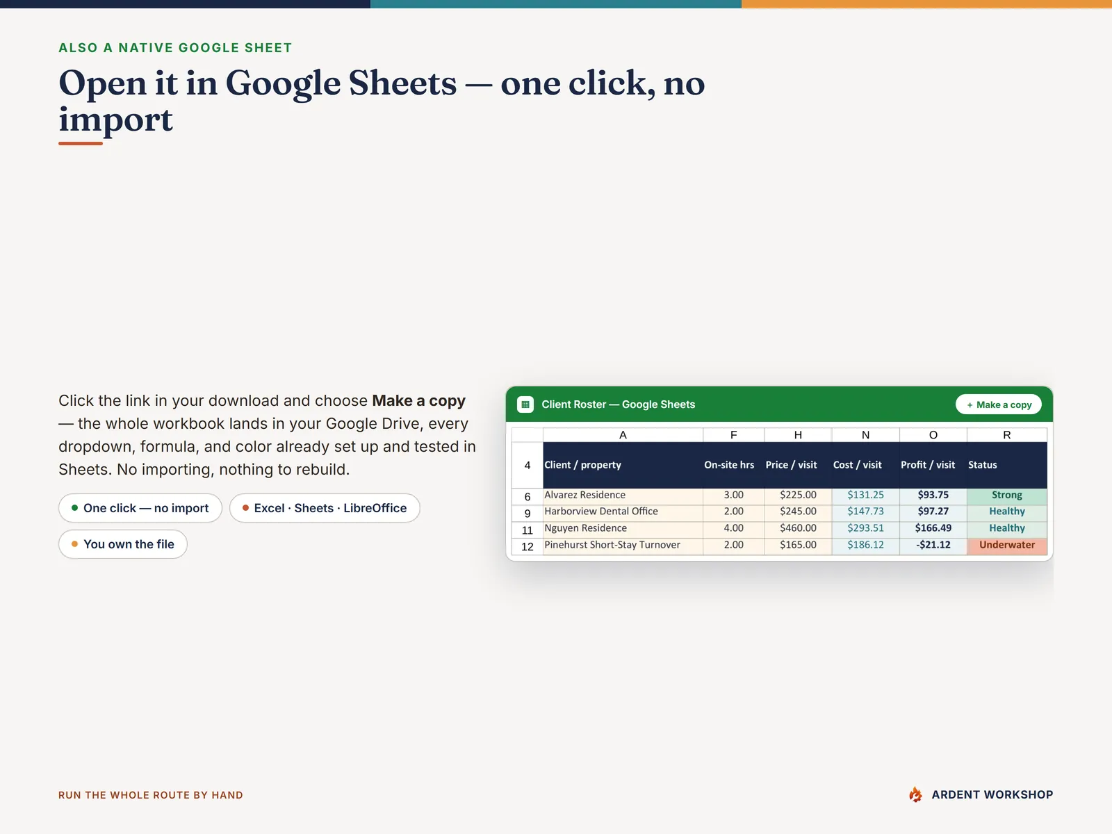 Open the cleaning business workbook in Google Sheets with one click and no import — a ready-made native copy