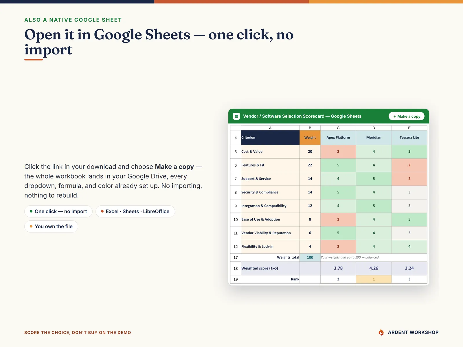 Also a native Google Sheet — open the included link and click Make a copy, no import needed