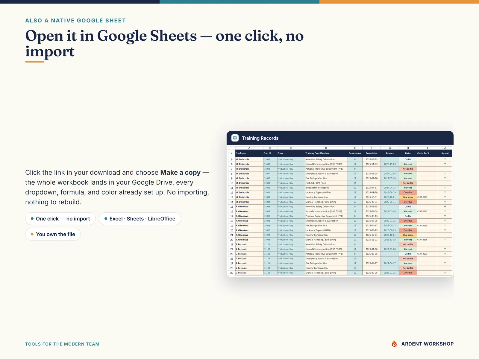 Also a native Google Sheet — open the included link and click Make a copy, no import needed
