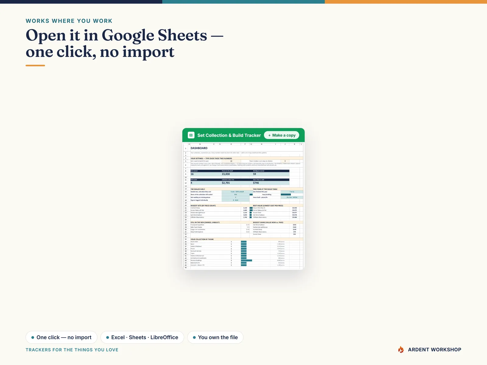 Also a native Google Sheet — open the included link and click Make a copy, no import needed