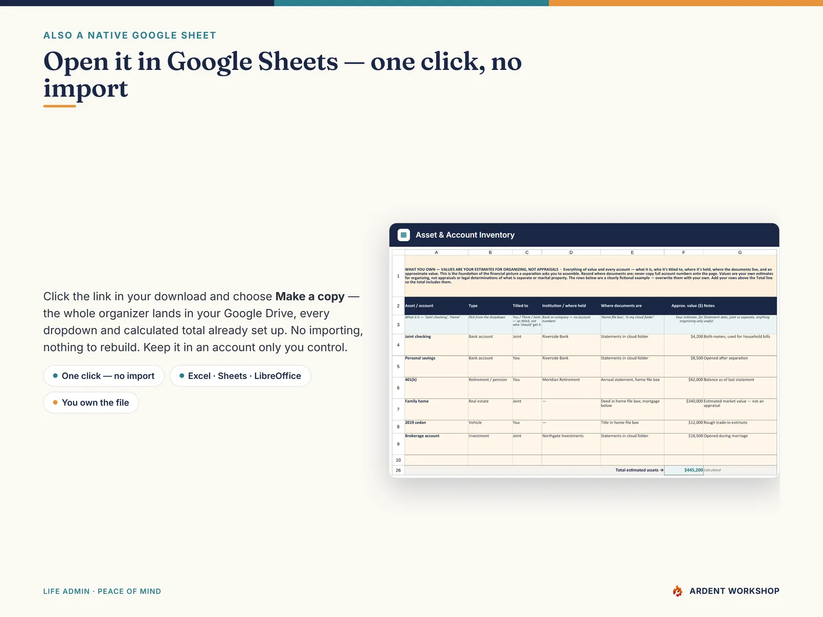 Divorce / Separation Records Organizer — also a native Google Sheet, open the included link and click Make a copy, no import needed