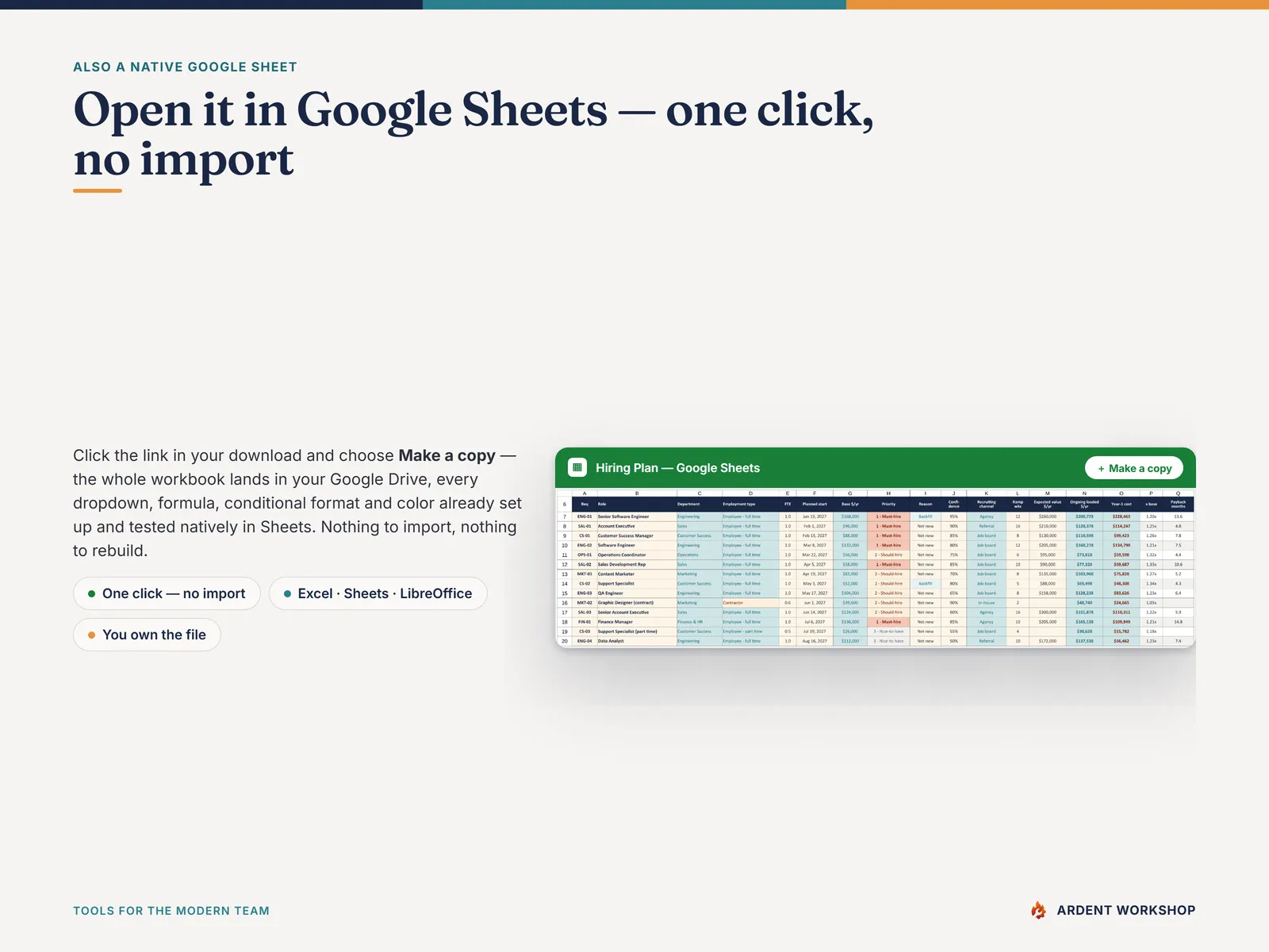 Also a native Google Sheet — open the included link and click Make a copy, no import needed