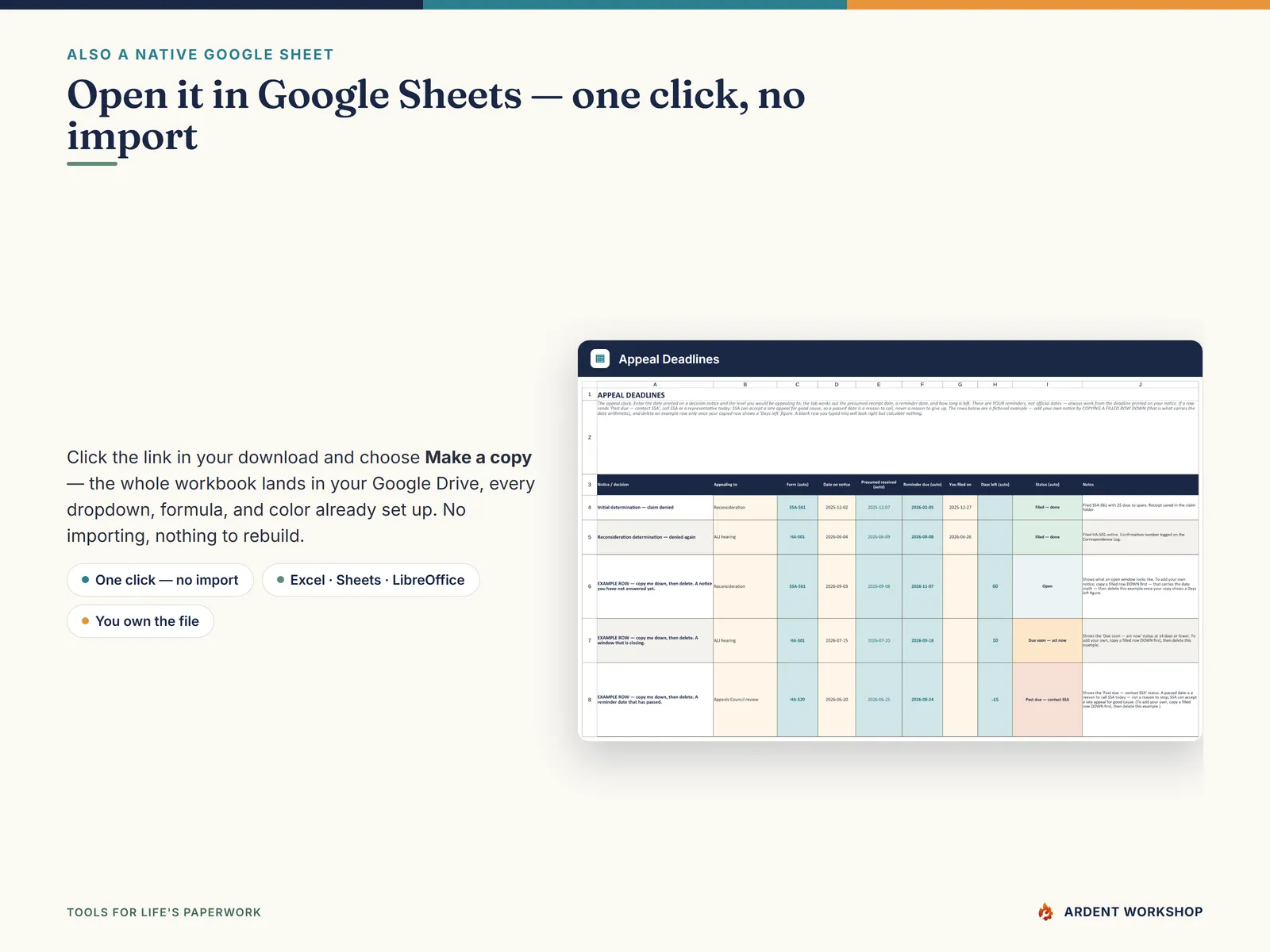 Also a native Google Sheet — open the included link and click Make a copy, no import needed