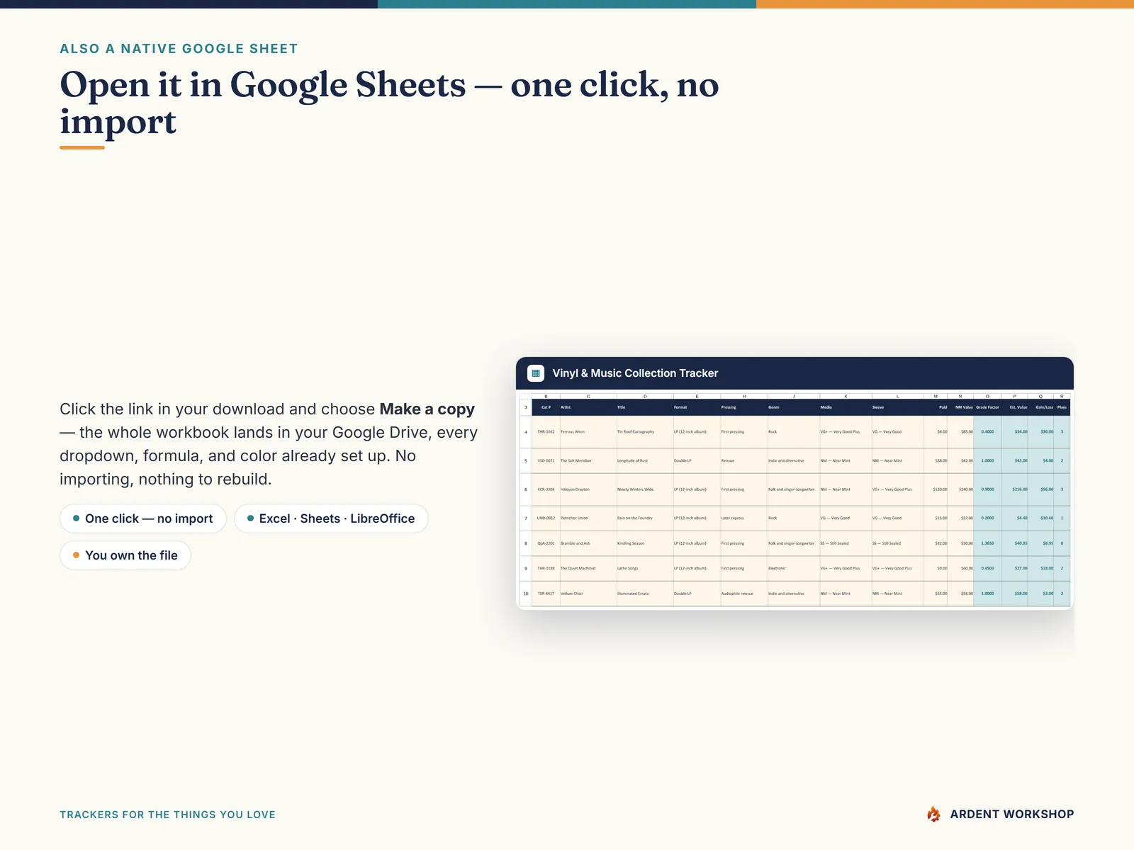 Open the vinyl collection tracker in Google Sheets with one click - a native copy, no import needed