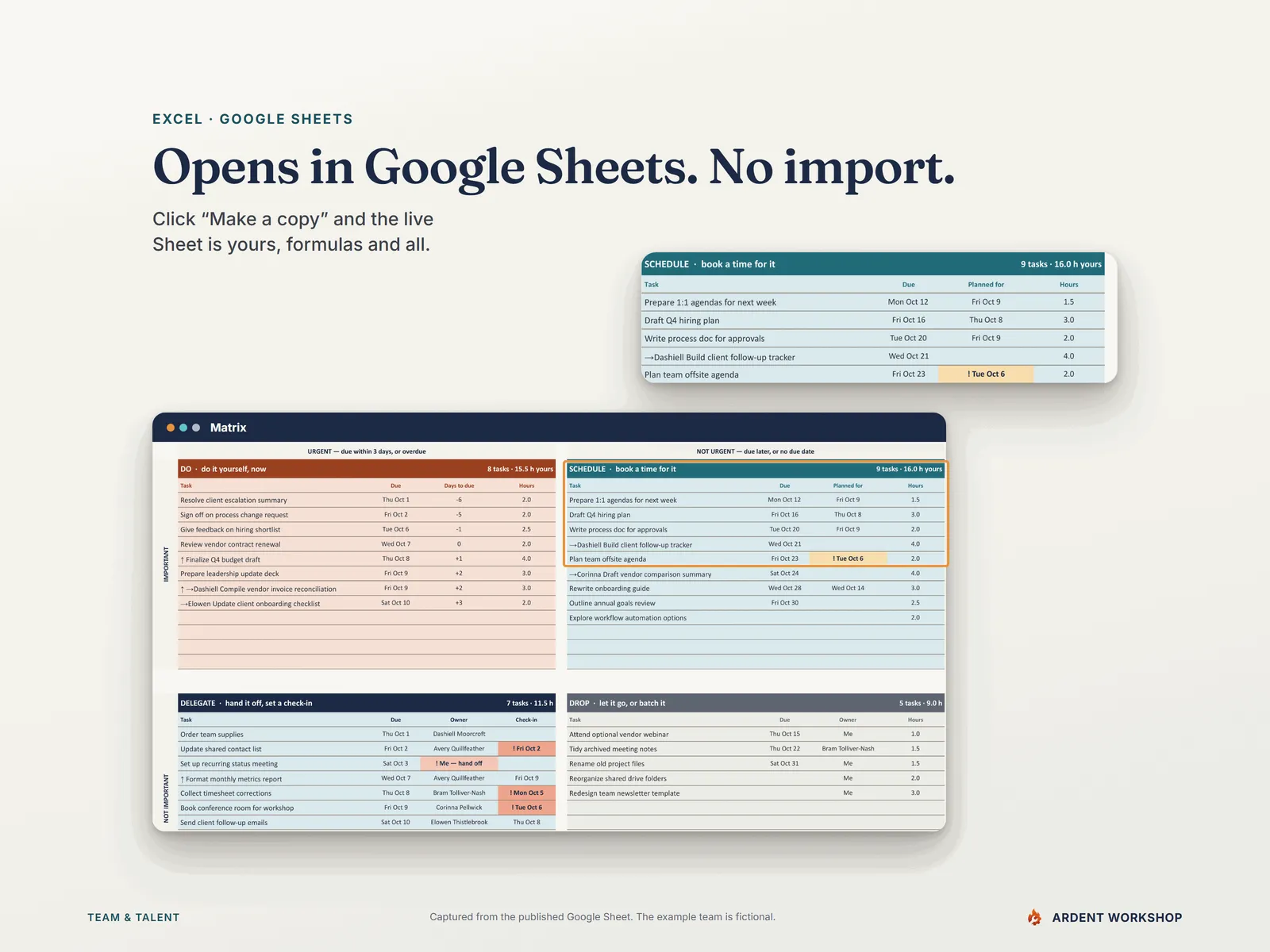 The published Google Sheet's Matrix tab, with a close-up of the Schedule box — make your own copy, no import
