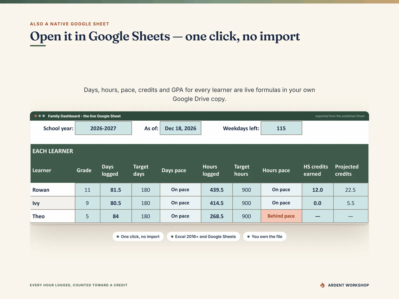 Homeschool Records Binder — the Family Dashboard as it opens in Google Sheets