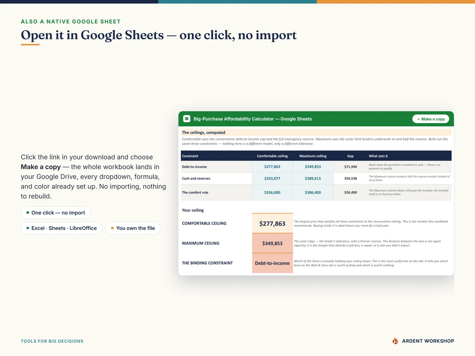 Open the Big-Purchase Affordability Calculator in Google Sheets with one click — Make a copy, no import needed