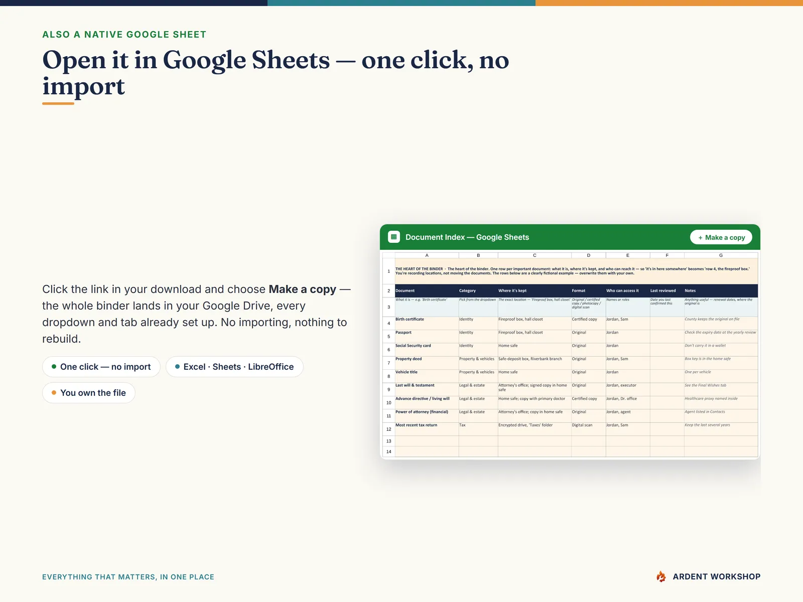 Estate / Life-Admin Binder — also a native Google Sheet, open the included link and click Make a copy, no import needed