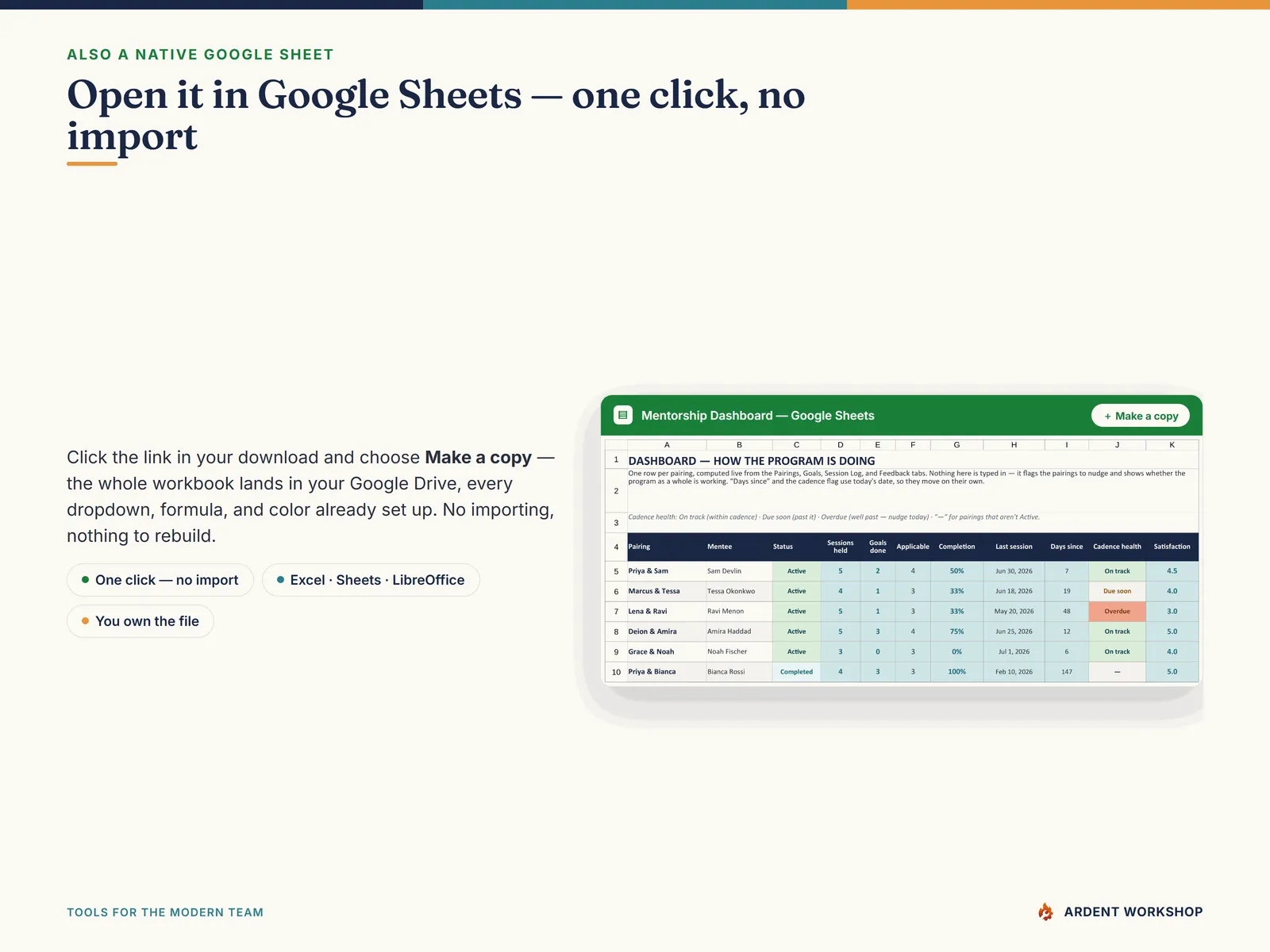 Open it in Google Sheets with one click — Make a copy, no import needed