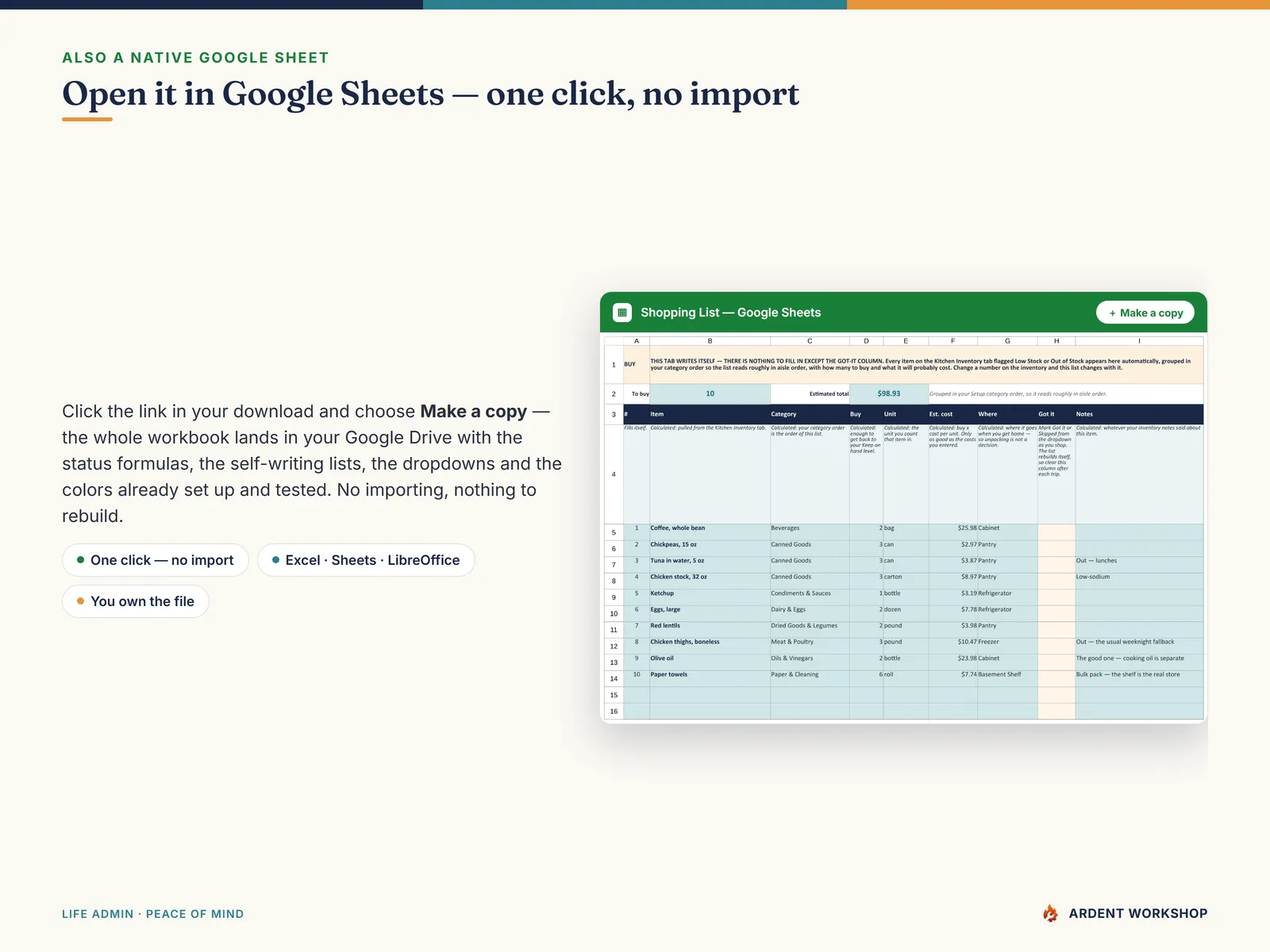 Open the pantry inventory workbook in Google Sheets - one click, no import