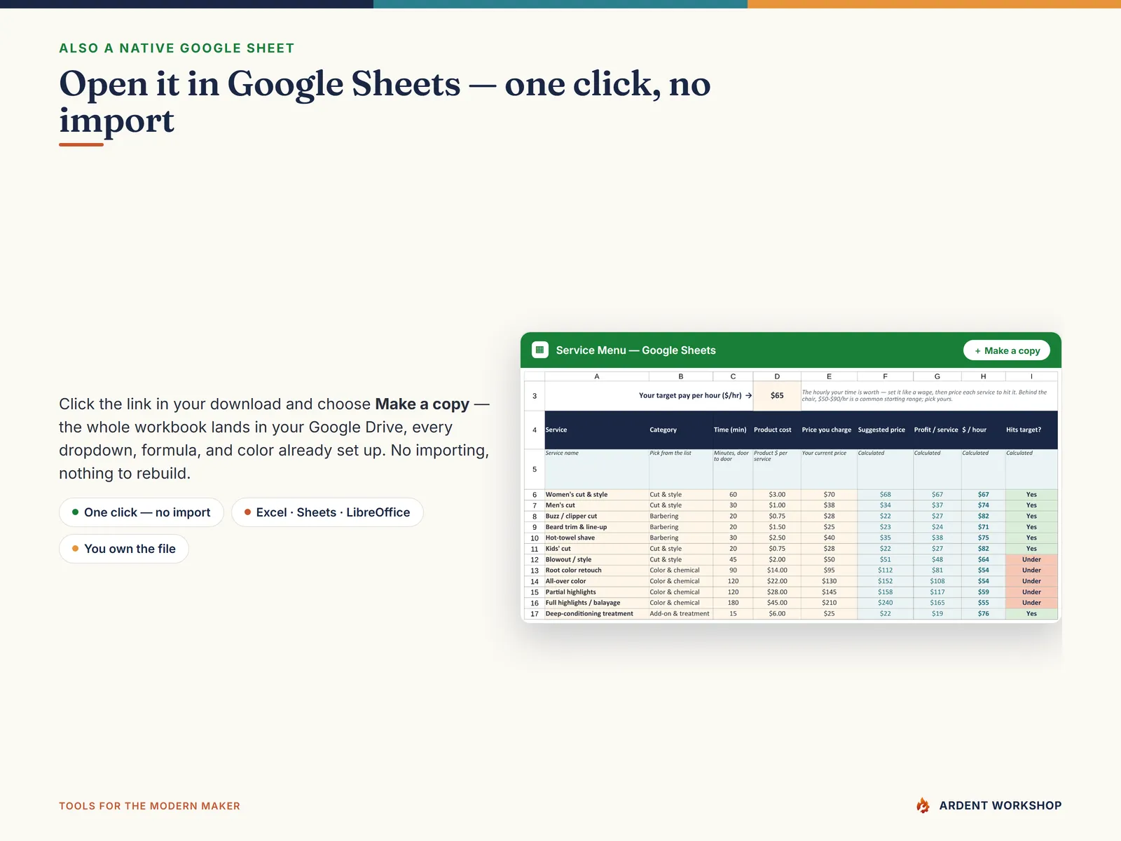 Open the booth-renter workbook in Google Sheets — one click, Make a copy, no import needed