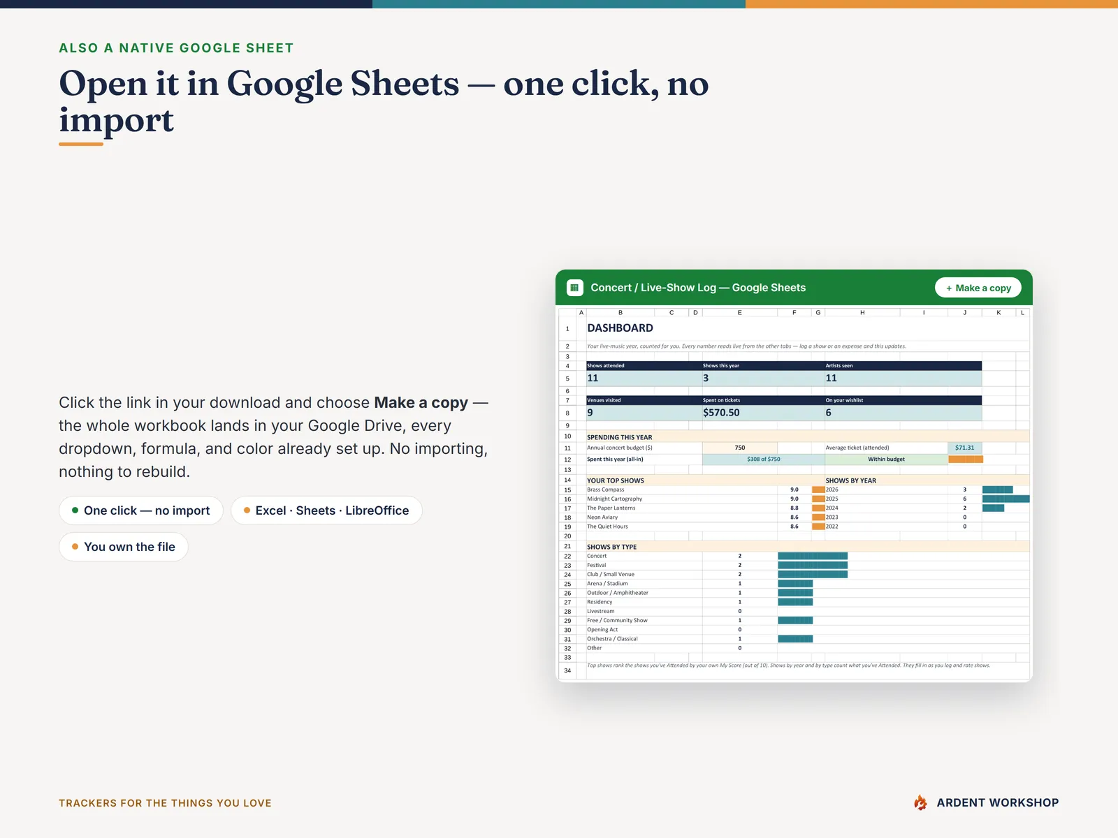 Concert & Live-Show Log — also a native Google Sheet; open the included link and click Make a copy, no import needed