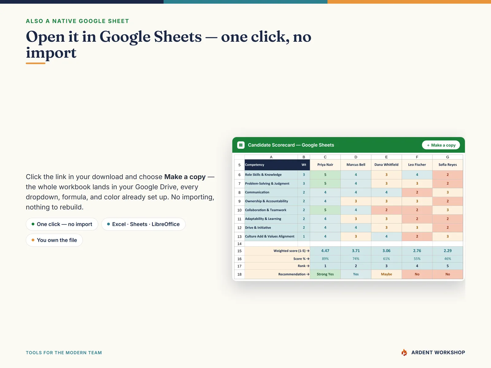 Also a native Google Sheet — open the included link and click Make a copy, no import needed