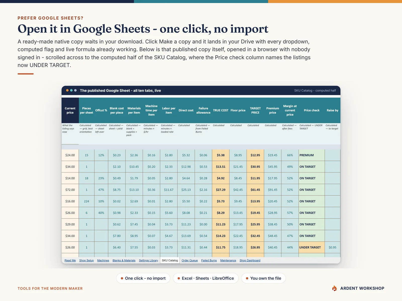 The published Google Sheets copy of the laser engraving workbook with all ten native tabs - one click, no import