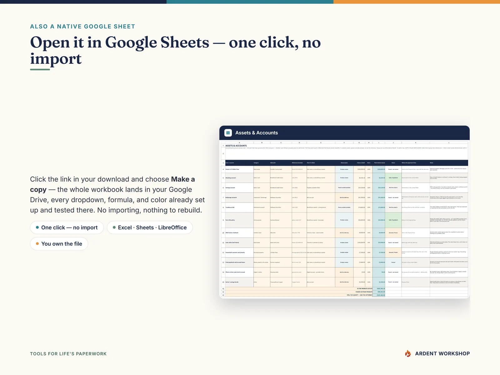 Also a native Google Sheet — open the included link and click Make a copy, no import needed