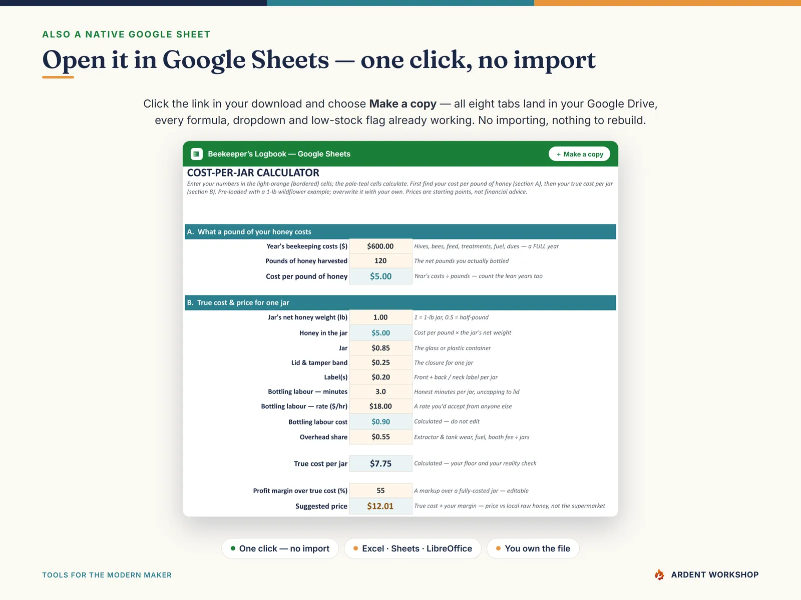 The Cost-Per-Jar Calculator open in Google Sheets — one click to make your own copy, no importing