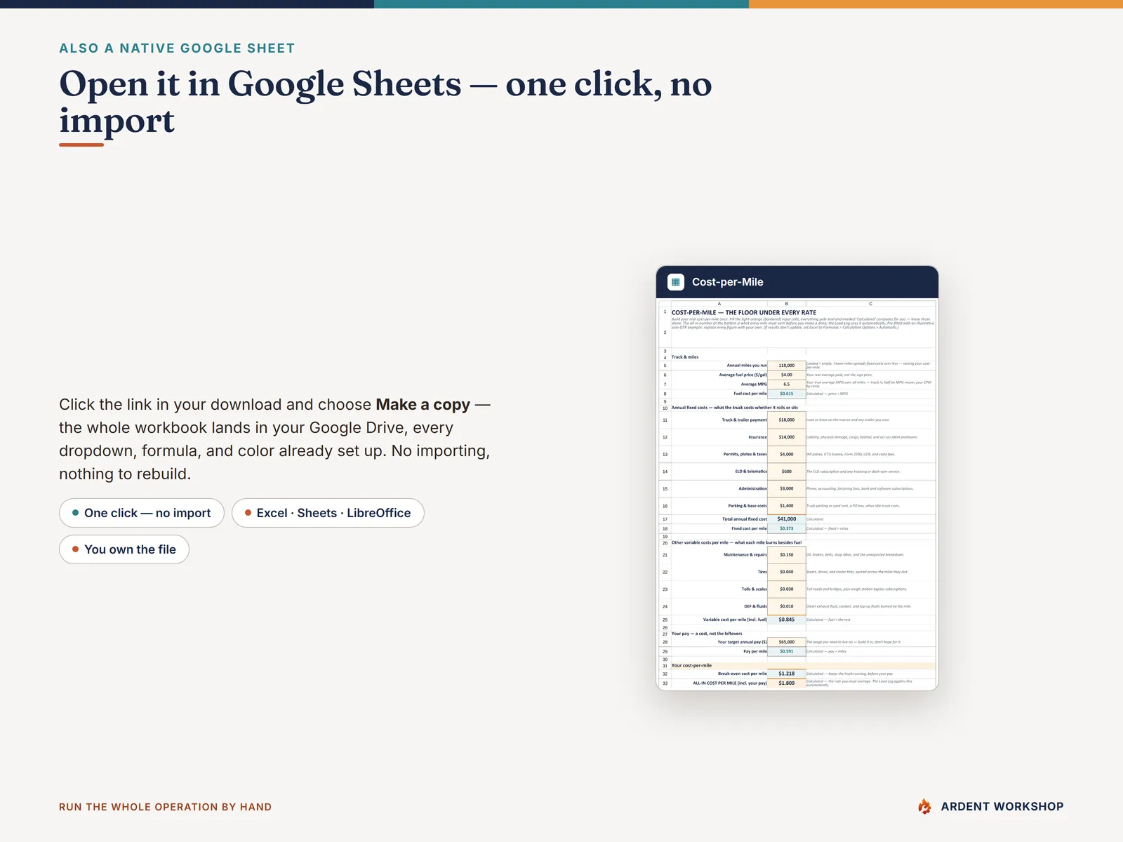Owner-Operator Trucking Ops Workbook — also a native Google Sheet, open the included link and click Make a copy, no import needed