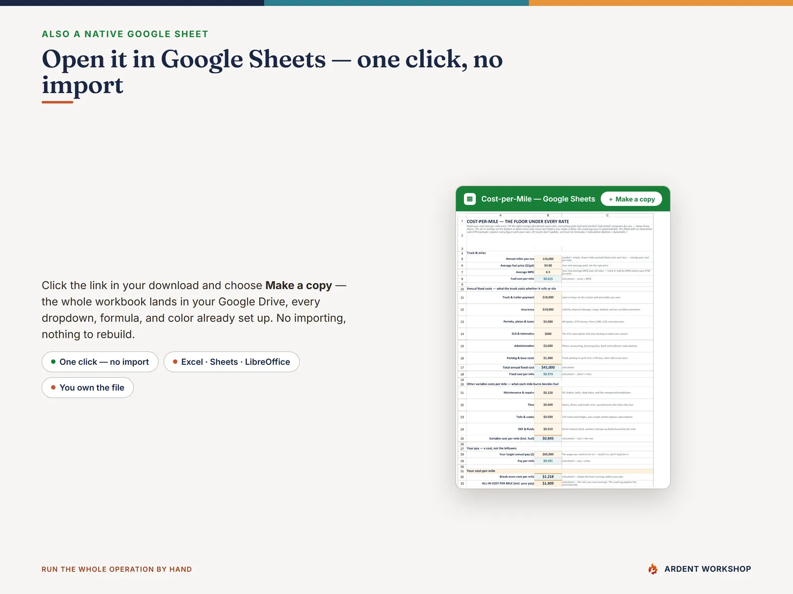 Owner-Operator Trucking Ops Workbook — also a native Google Sheet, open the included link and click Make a copy, no import needed