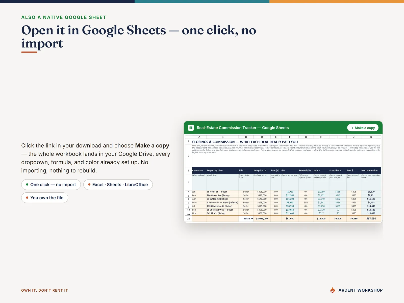 Real-Estate Agent Deal & Commission Tracker — also a native Google Sheet, open the included link and click Make a copy, no import needed