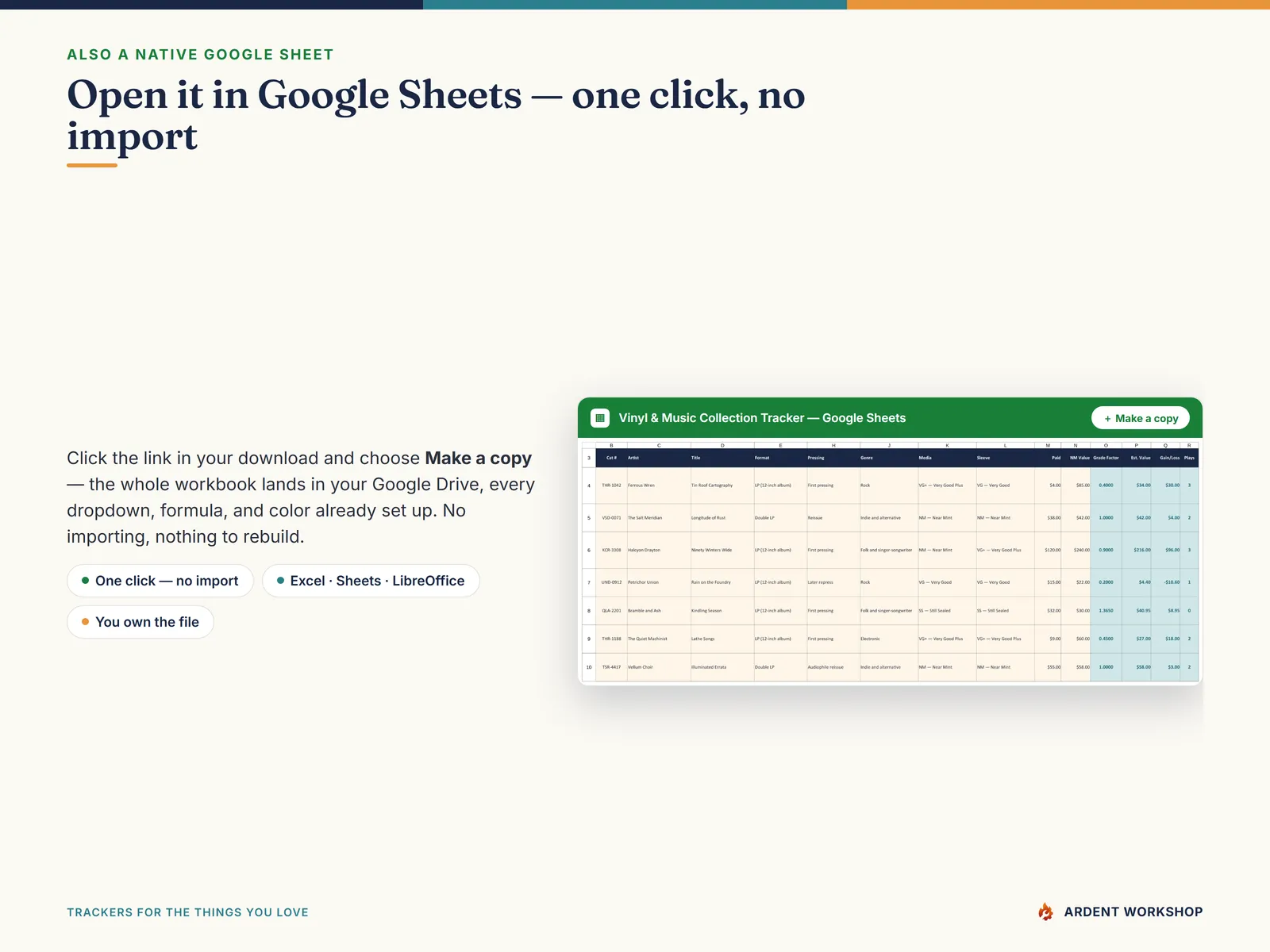 Open the vinyl collection tracker in Google Sheets with one click - a native copy, no import needed