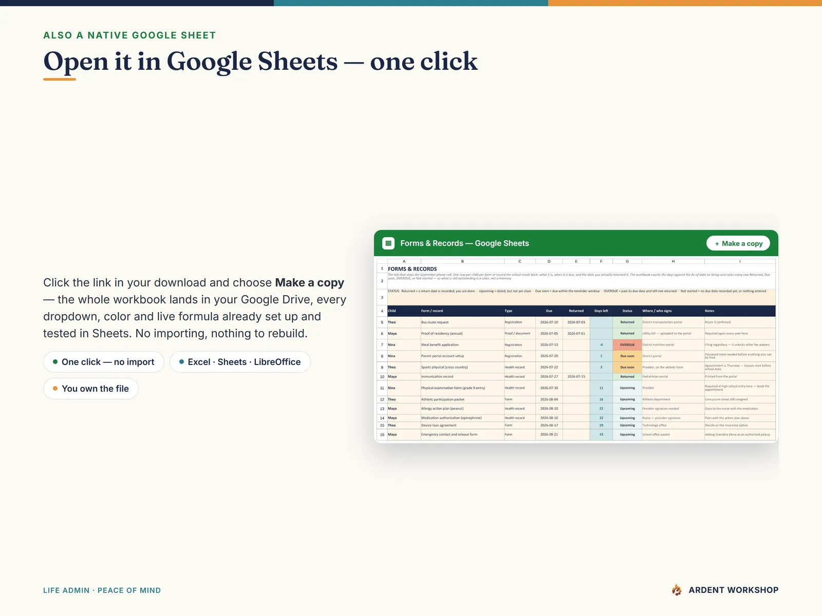 Back-to-School Family Organizer — also a native Google Sheet, open the included link and click Make a copy, no import needed