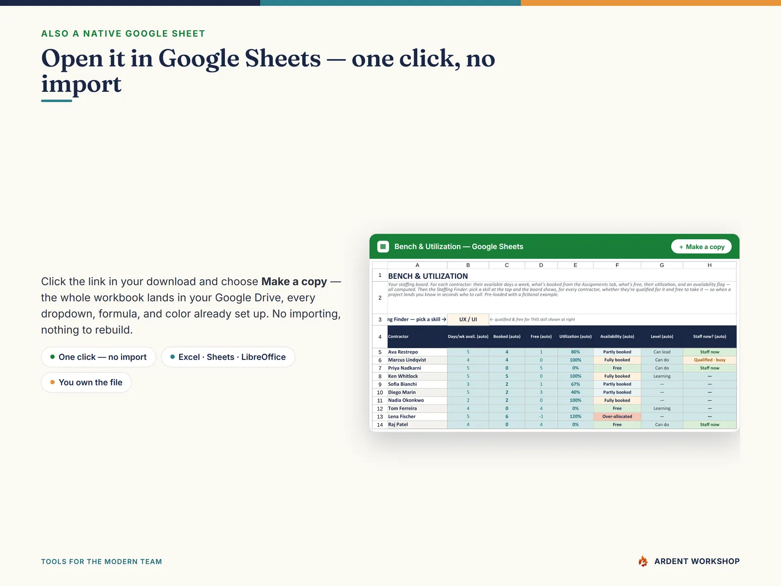Also a native Google Sheet — open the included link and click Make a copy, no import needed