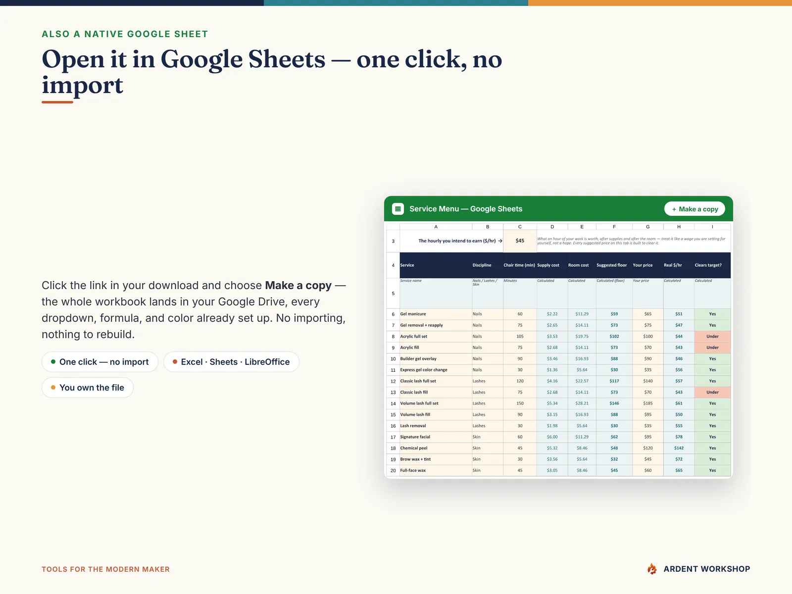 One-click native Google Sheets copy of the studio workbook, no import needed