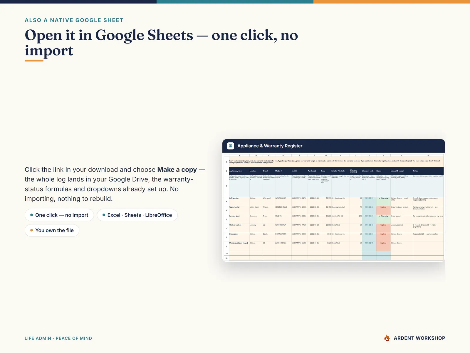 Home Maintenance & Warranty Log — also a native Google Sheet, open the included link and click Make a copy, no import needed