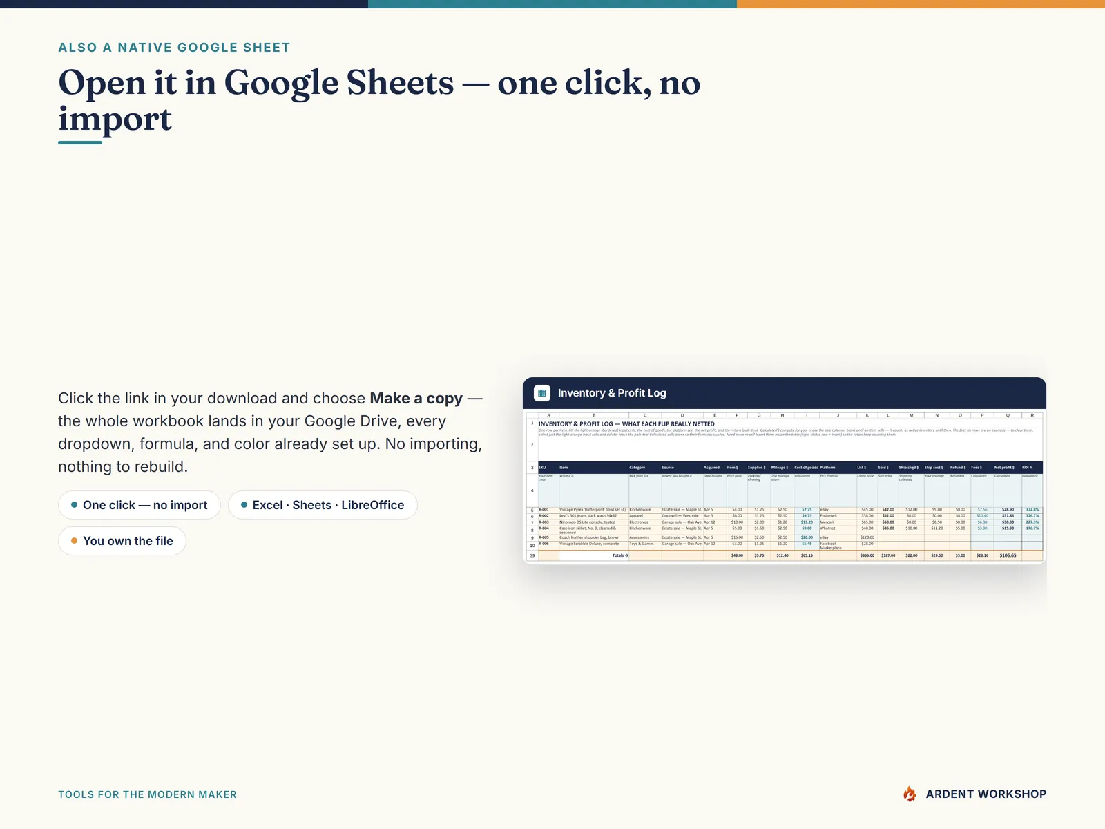 Reseller Inventory & Profit Workbook — also a native Google Sheet; open the included link and click Make a copy, no import needed