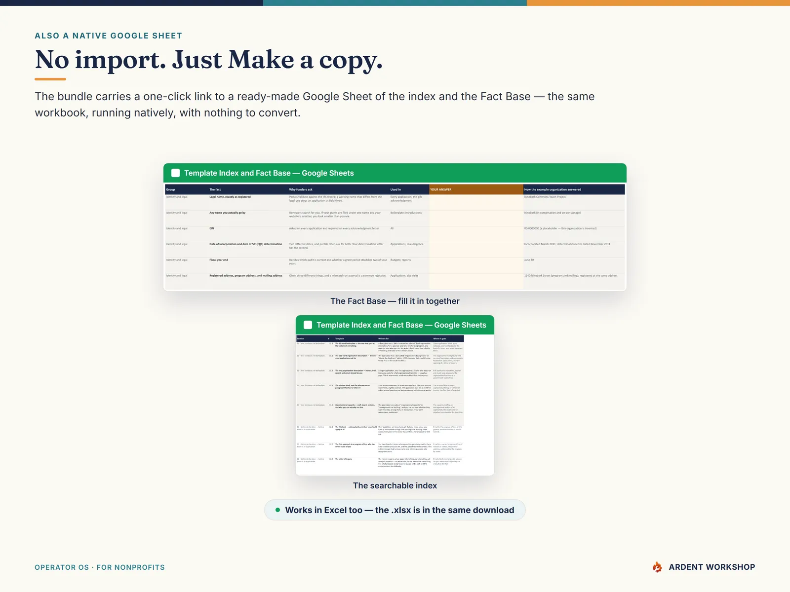 Also a native Google Sheet — open the included link and click Make a copy, no import needed