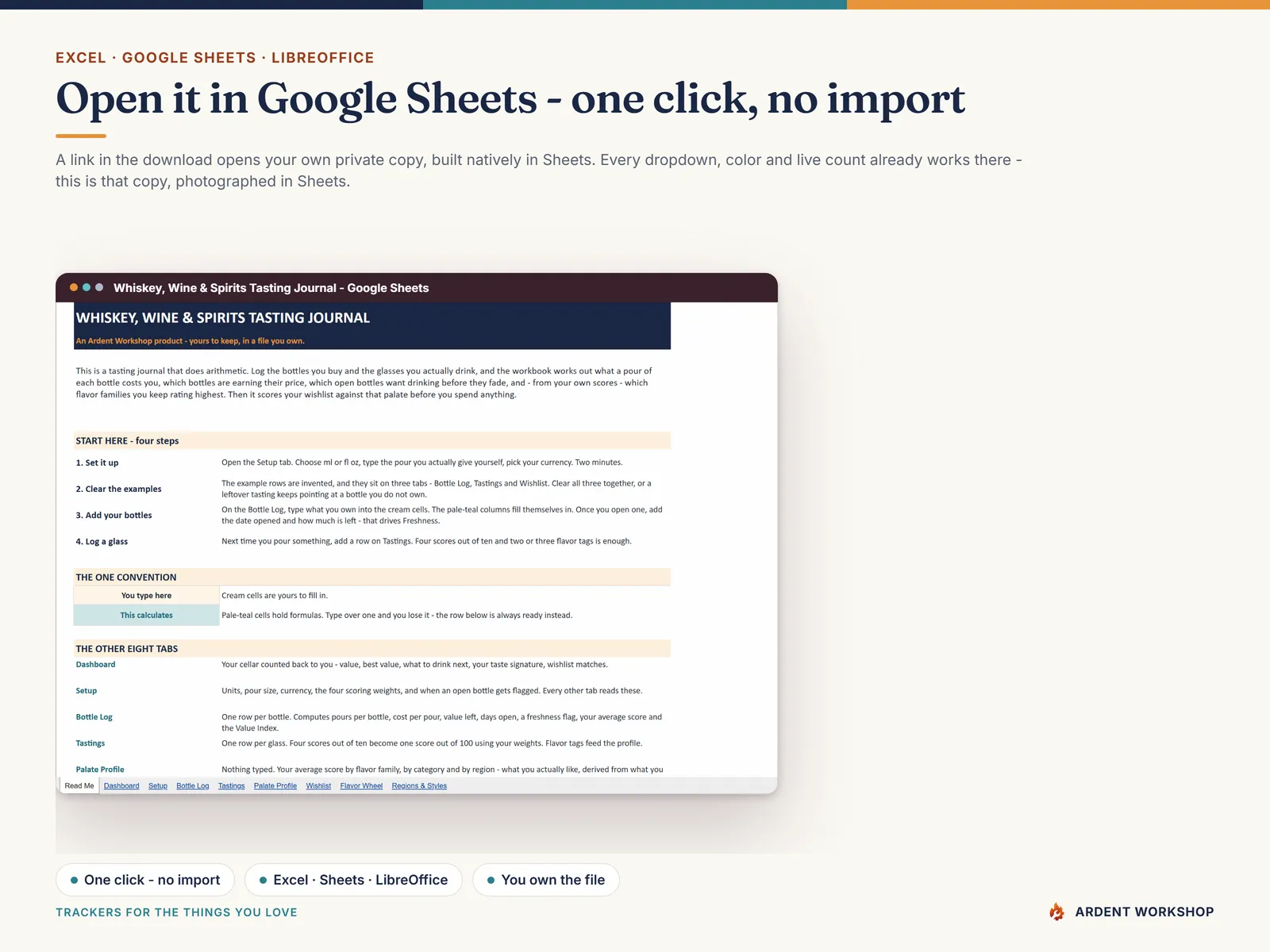 The published Google Sheet with all nine tabs — open the included link and click Make a copy, no import needed