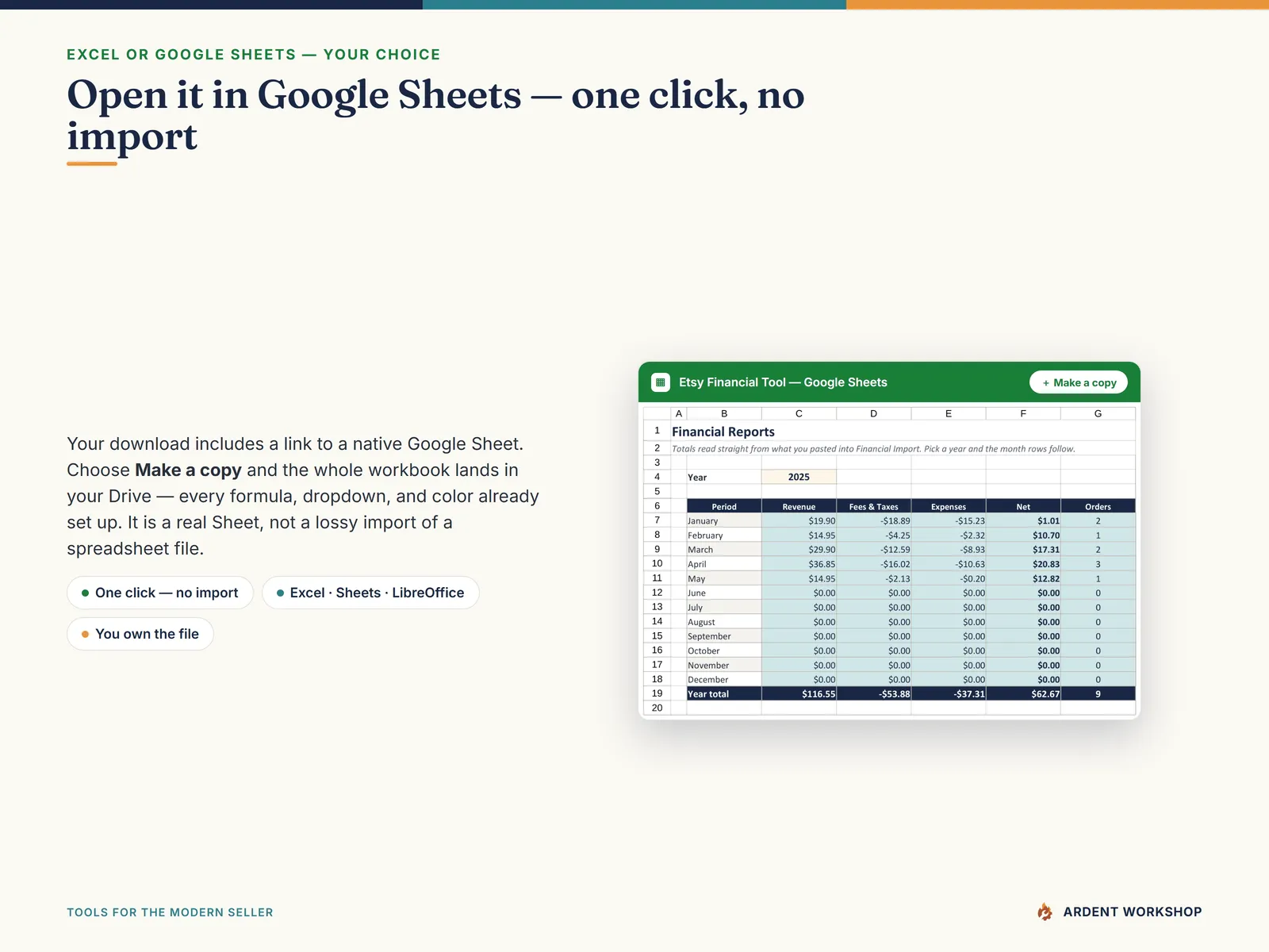 Etsy Financial Tool — open it in Google Sheets in one click, a native copy rather than a lossy import; works in Excel, Google Sheets, and LibreOffice