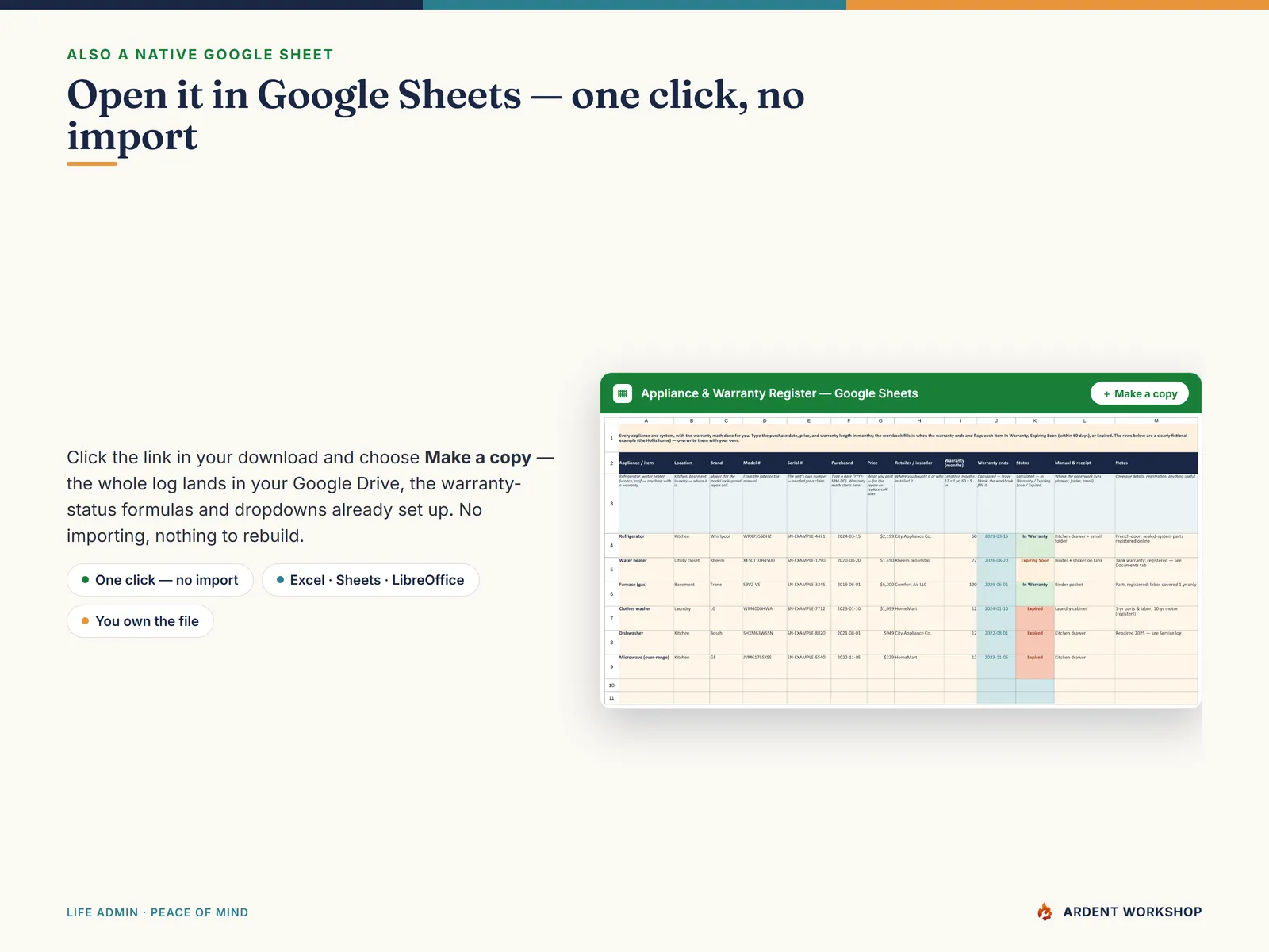 Home Maintenance & Warranty Log — also a native Google Sheet, open the included link and click Make a copy, no import needed