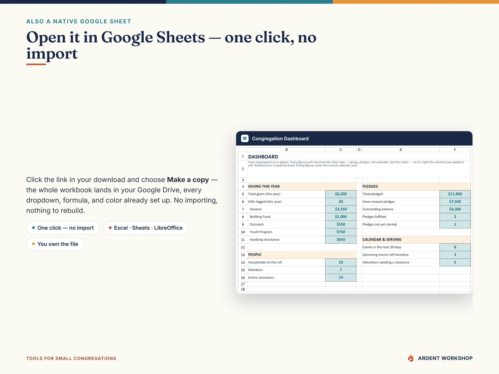 Also a native Google Sheet — open the included link and click Make a copy, no import needed
